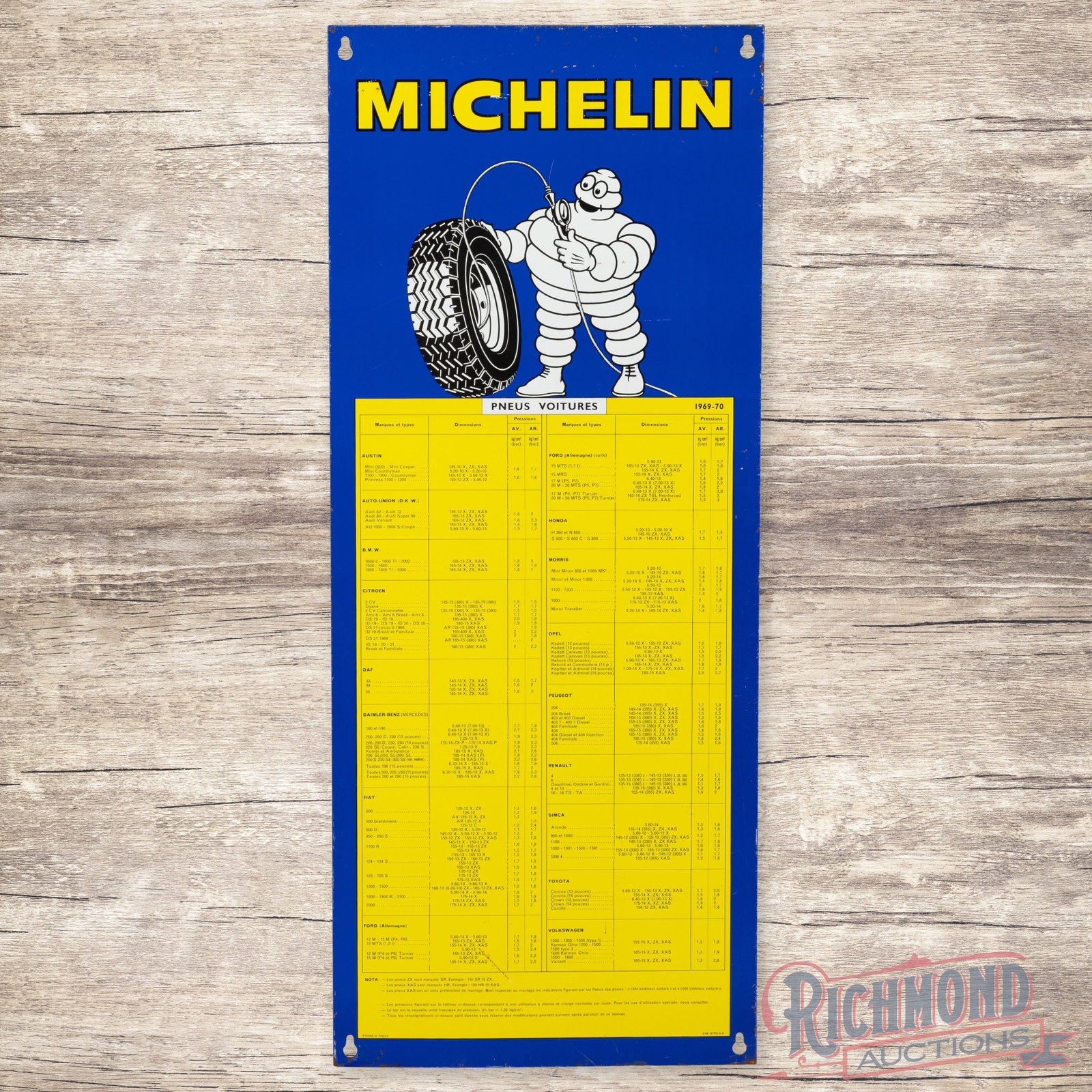 1969 Single Sided Tin Michelin Tire Chart Sign (1 of 3)