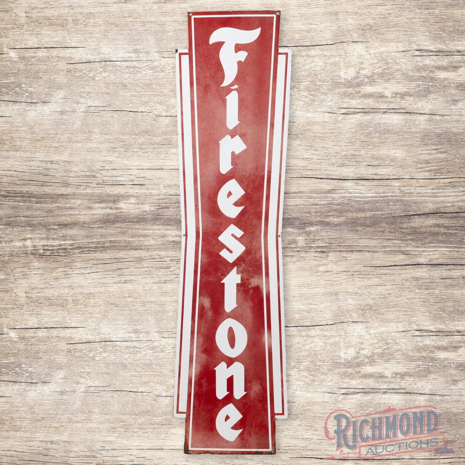 4' Firestone Tires Single Sided Porcelain Vertical Sign: SSP (single sided porcelain) Firestone sign in a unique size. Shows with fading throughout and edge wear, mainly along the bottom edge. 45.25" H X 11.75" W. Condition: 7.25 All items are guaranteed au
