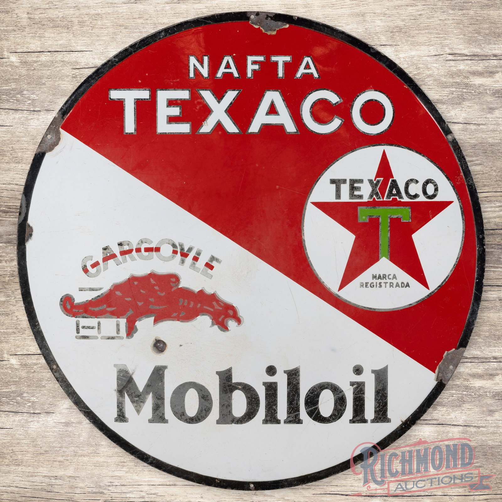 36" Texaco Nafta Mobiloil Gargoyle Single Sided Porcelain Sign: SSP (single sided porcelain) Dual Branded Foreign sign featuring both Texaco and Mobiloil. This single sided version exhibits general wear, chipping, and discoloration. Overall a unique dual branded g