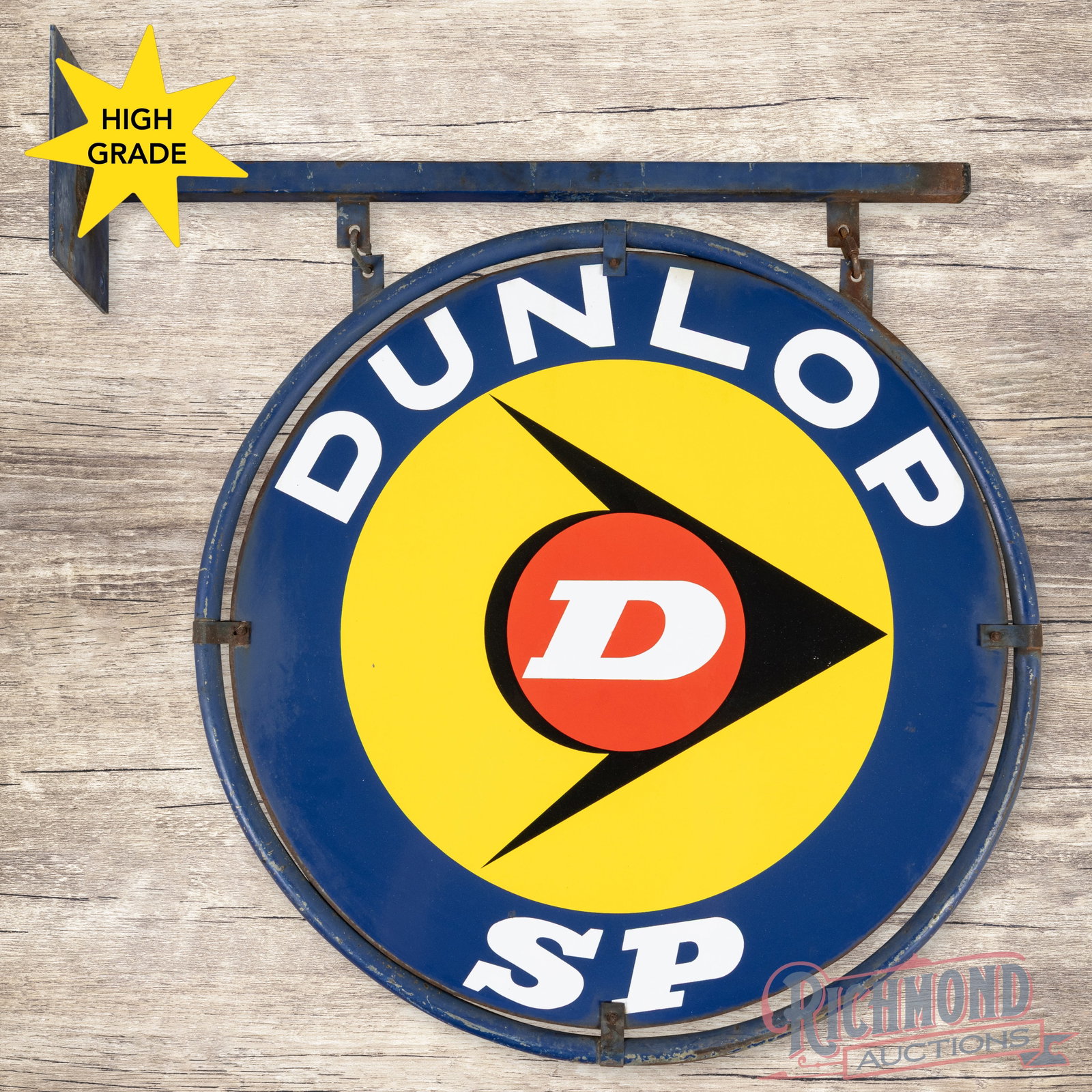 28" Dunlop Double Sided Porcelain w/Original Ring and Hanging Bracket: DSP (double sided porcelain) Dunlop Sign w/original bracket and mounting ring. The sign excellent color and gloss. Side one is very clean with minor oxidation around the edge. Side two is similar with