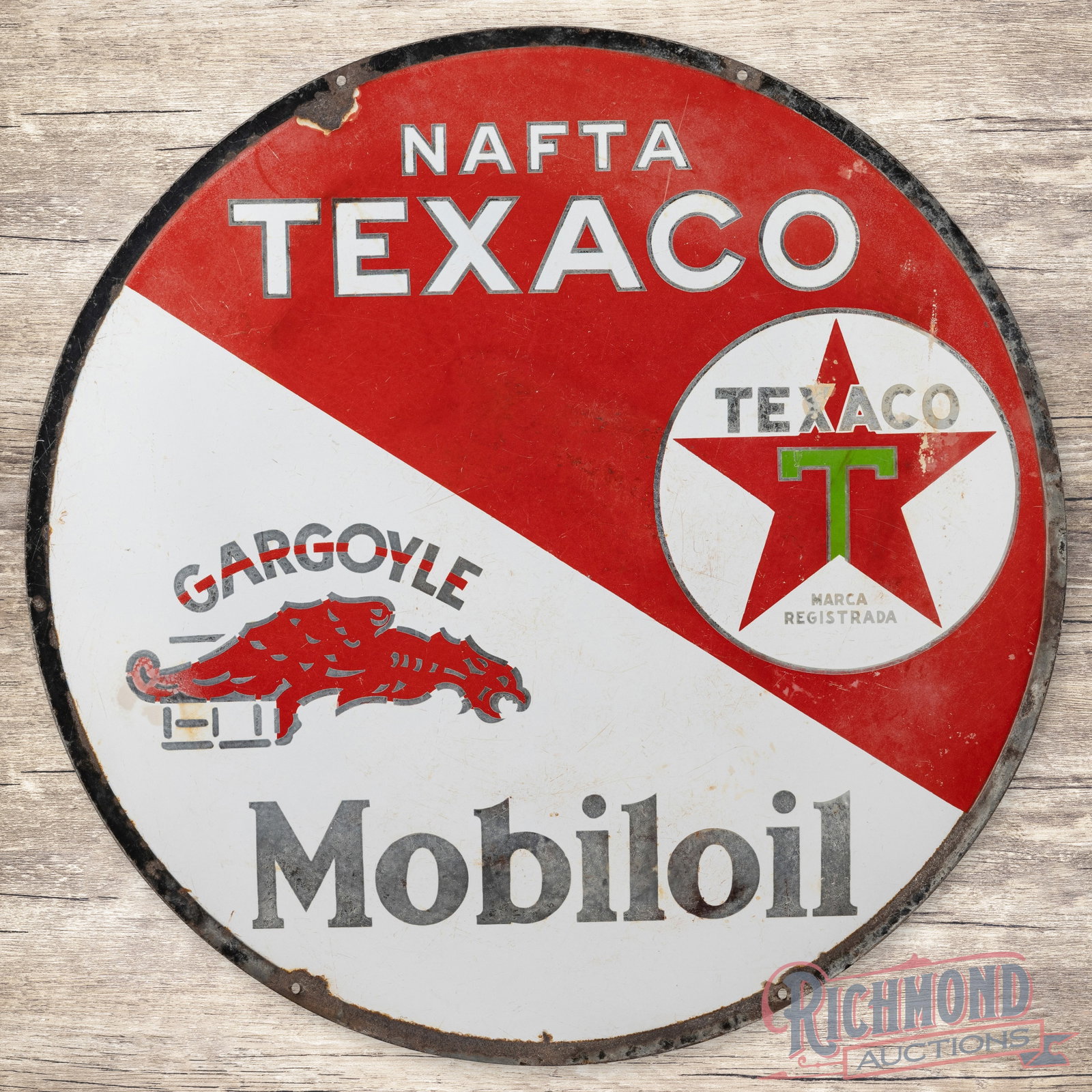36" Texaco Nafta Mobiloil Gargoyle Double Sided Porcelain Sign: DSP (double sided porcelain) Dual-Branded Foreign sign featuring both Texaco and Mobiloil. Both sides exhibit general wear, chipping, discoloration, the reverse has more fading. Overall a unique dual 