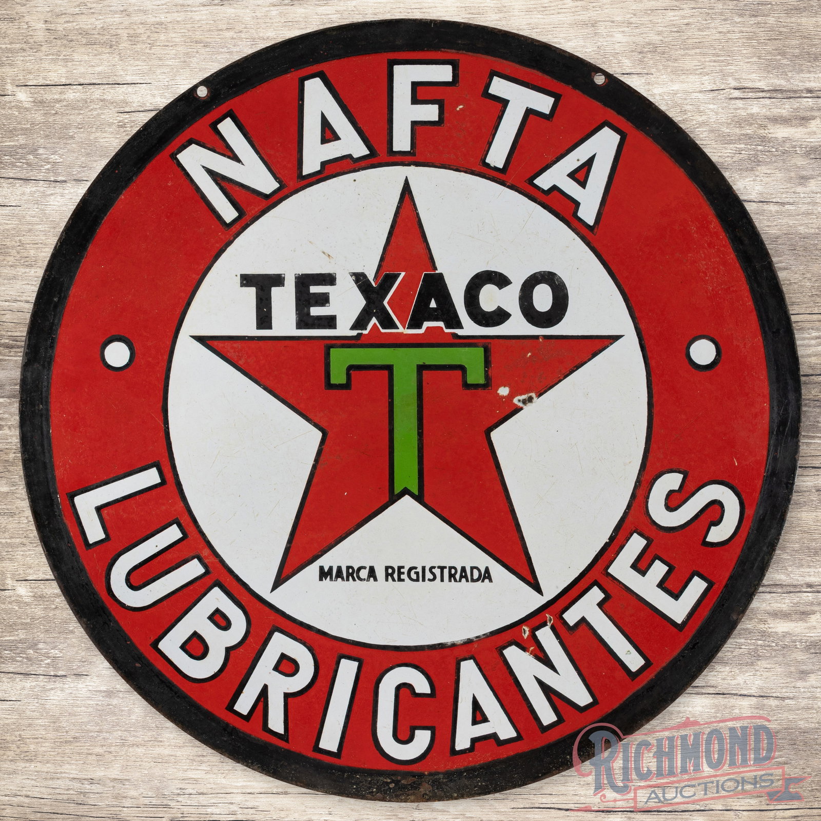 Texaco Nafta Lubricantes Double Sided Porcelain Sign: 23" Texaco Nafta DSP (double sided porcelain) sign. Sign shows good color with moderate gloss. Side one shows general wear throughout and just a couple tiny chips in the porcelain. Side two shows heav