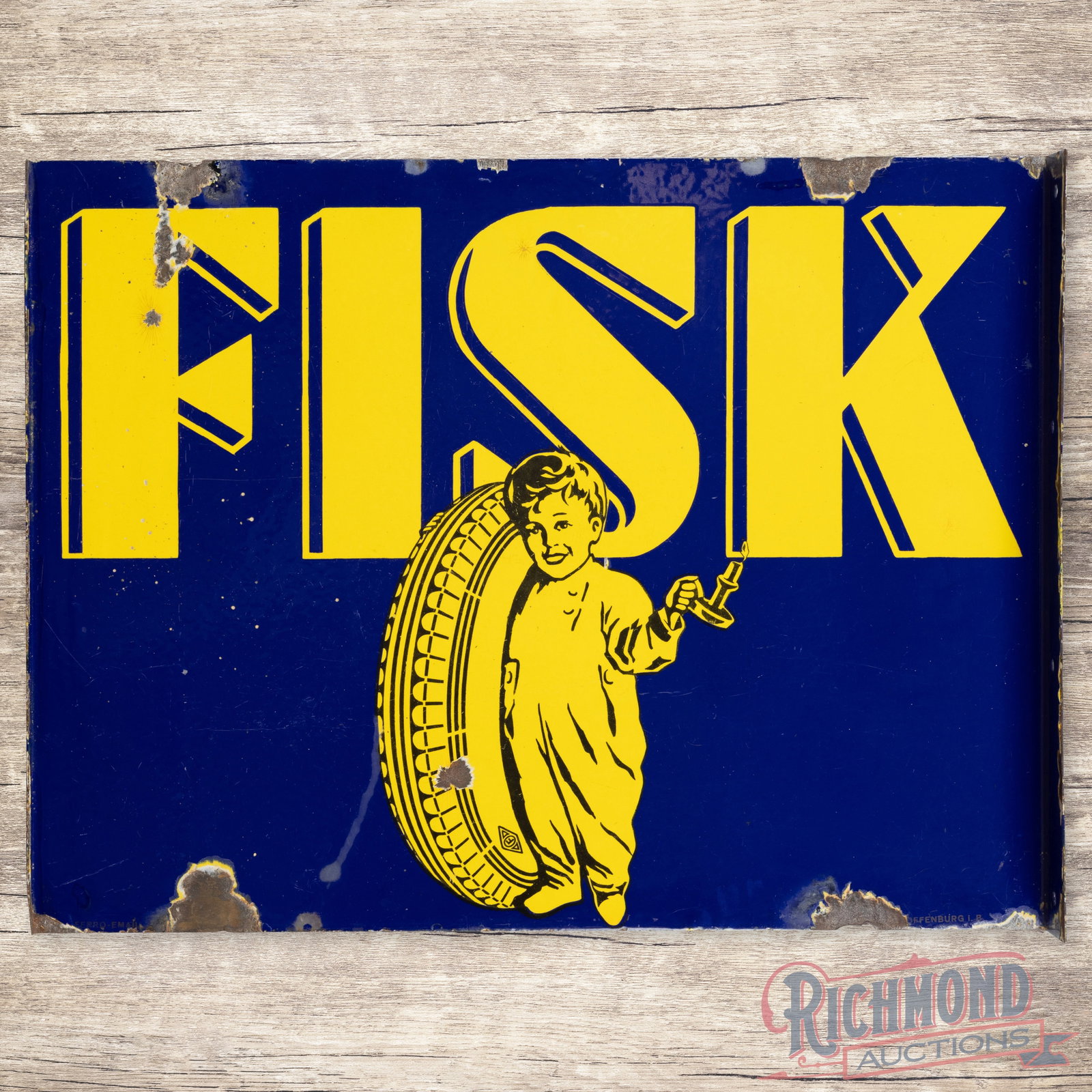 Fisk Tires Double Sided Porcelain Flange Sign w/Fisk Boy: DSP (double sided porcelain) Flange Sign with iconic Fisk Boy Logo. Side one has excellent color and gloss with some larger chipping along the edges and a few spots of chipping in the field. Side two 
