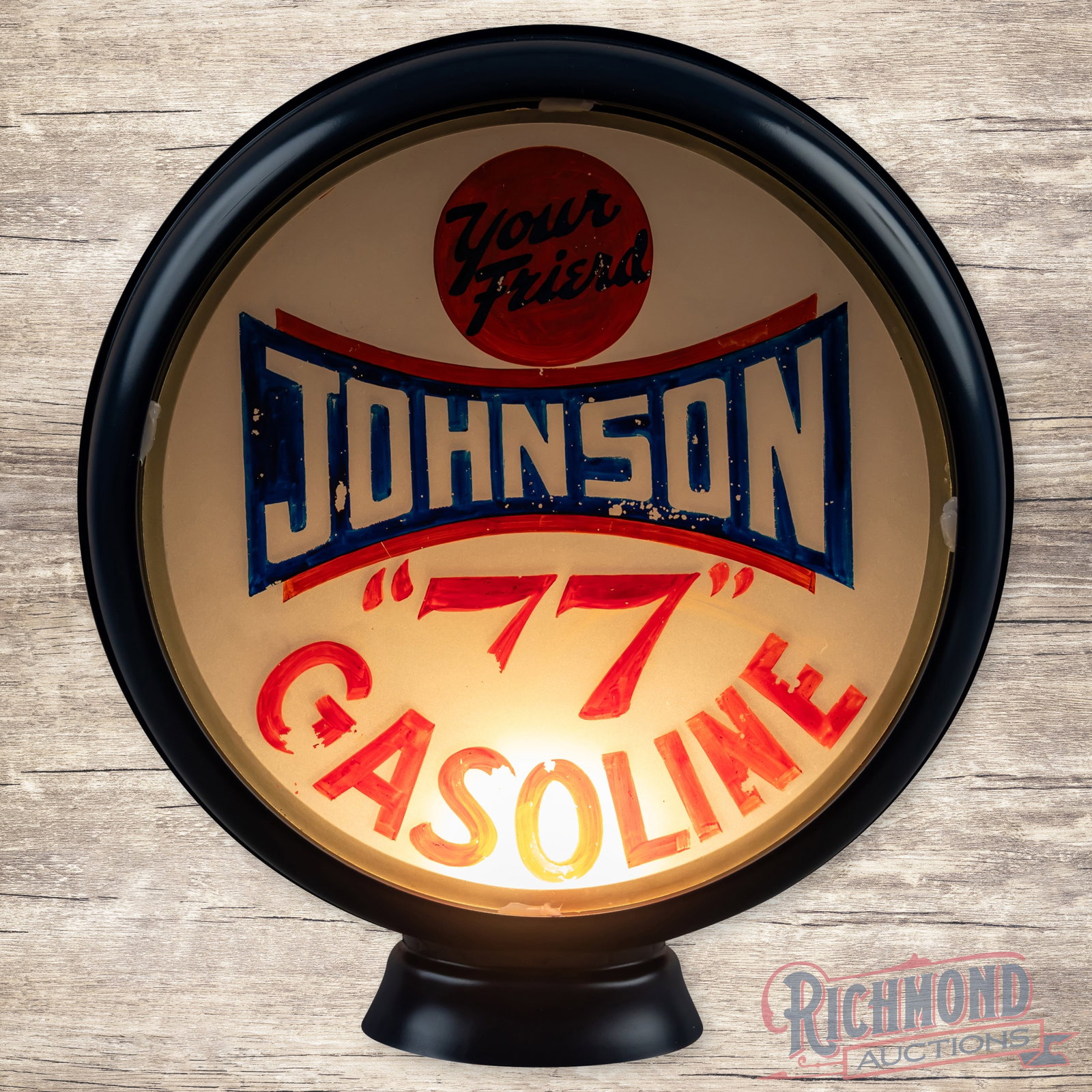 Johnson 77 Gasoline 13.5" Globe Wichita Kansas: Single 13.5" flat hand painted lens mounted in a new metal body. The lens has areas of surface wear with paint loss throughout. Overall a scarce lens used between 1930 and 1940. 17.75" H X 16.5" W. Co