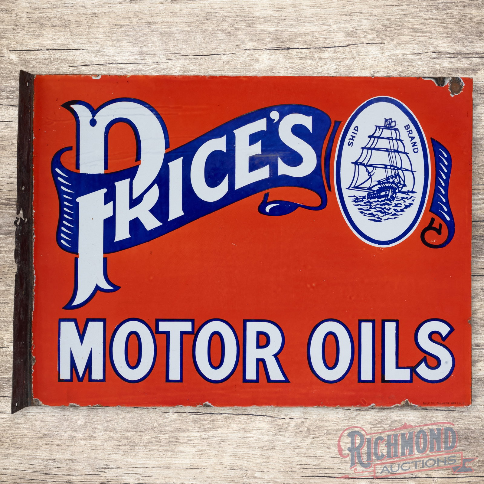 Early Price's Motor Oils Double Sided Porcelain Flange Sign: Early Price's Motor Oil DSP (double sided porcelain) flange sign. It has good color and gloss. It shows some wear, metal/porcelain loss on the flange, crazing, slight discoloration, and some chipping 