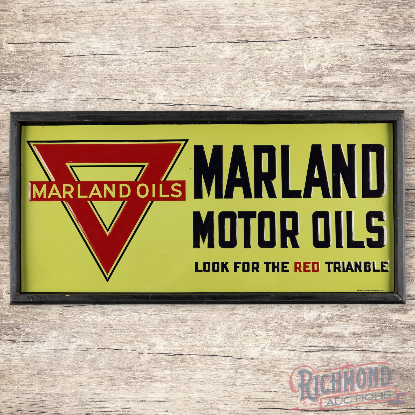 Marland Motor Oils Framed Single Sided Tin Embossed Tacker Sign: Beautiful Marland Motor Oils embossed tin tacker sign. It has good color and gloss. It shows light wear with some paper marks and imperfections throughout. The frame has some screws holding it togethe