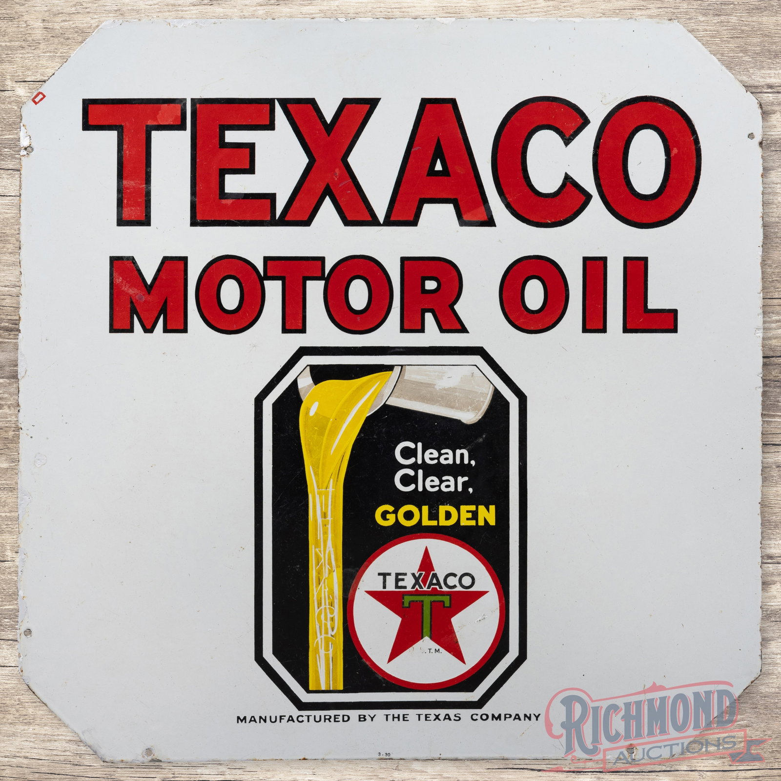 Texaco Motor Oil Clean Clear Golden Double Sided Porcelain Curb Sign (1 of 3)