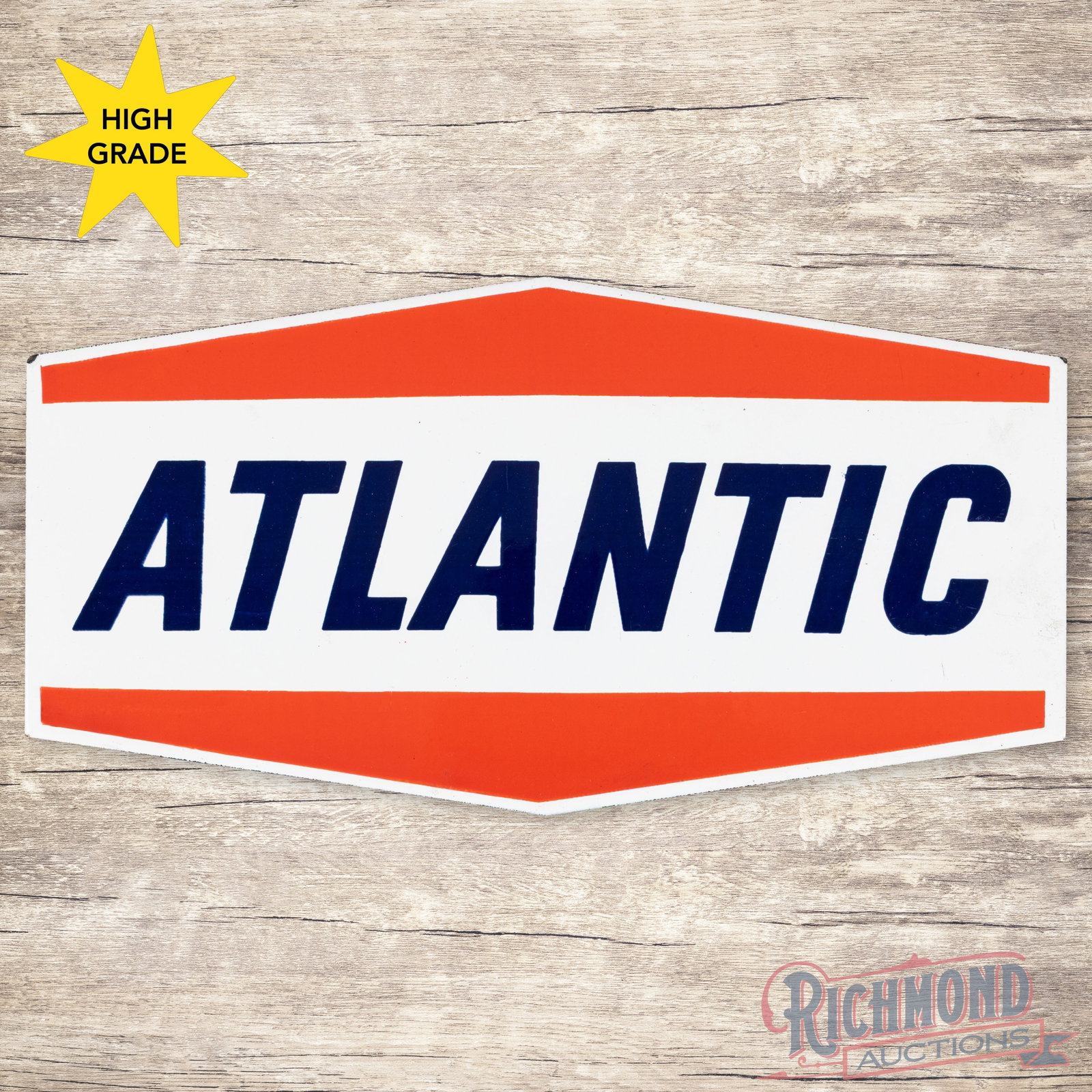 Atlantic Gasoline Die Cut Single Sided Porcelain Pump Plate Sign "Small": SSP (single sided porcelain) die cut pump sign has outstanding color and gloss. The display is exceptionally clean with minor surface imperfections. The perimeter has a tiny flea bite on each upper co