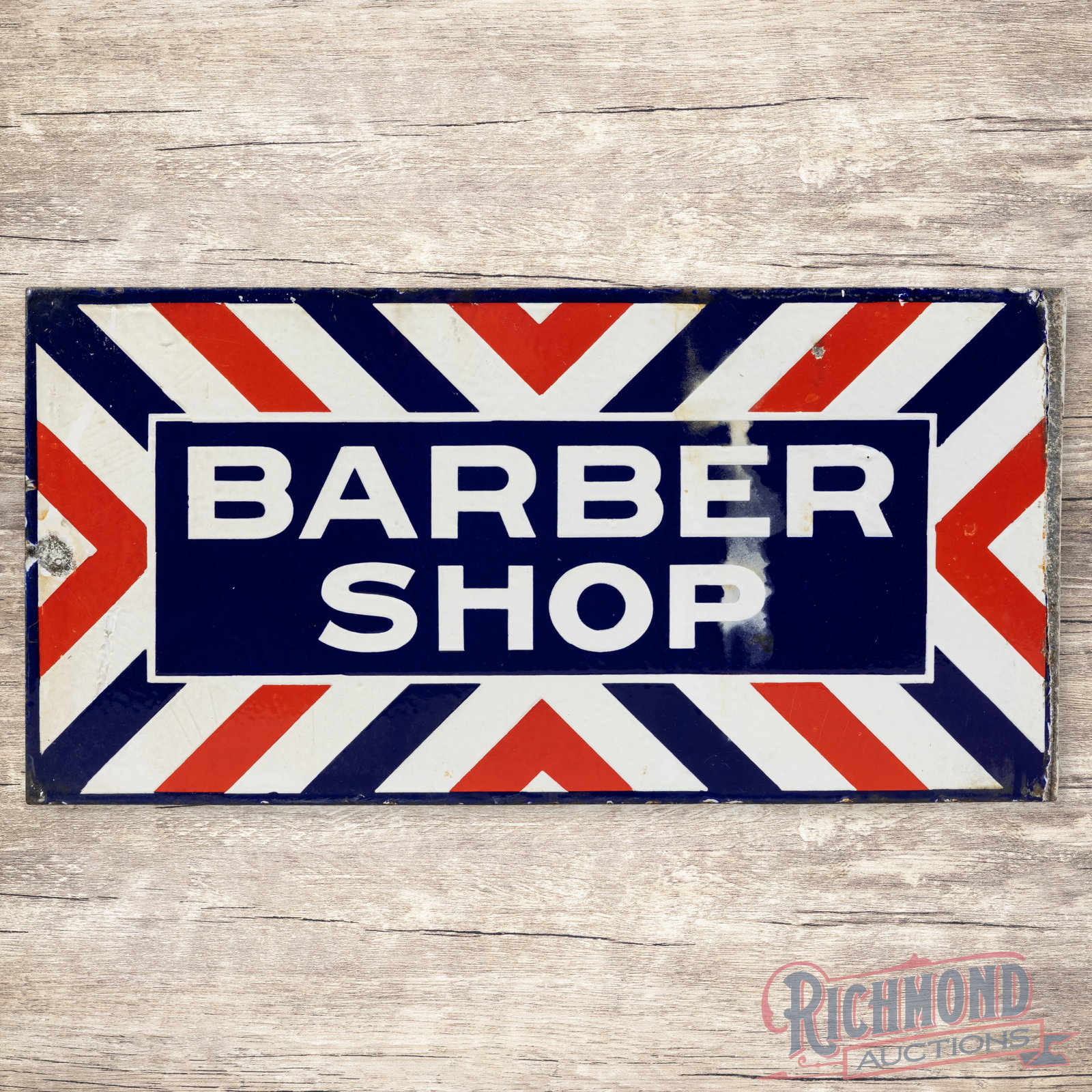Barber Shop Double Sided Porcelain Flange Sign: DSP (double sided porcelain) flange has good color and gloss. The display has discoloration in the right field and a chip in the upper field. The perimeter has additional chips and a small non-factory