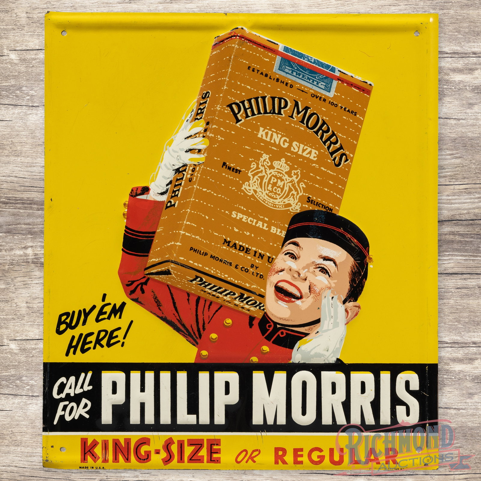 Philip Morris Cigarettes Emb. Single Sided Tin Sign w/ Johnny (1 of 3)