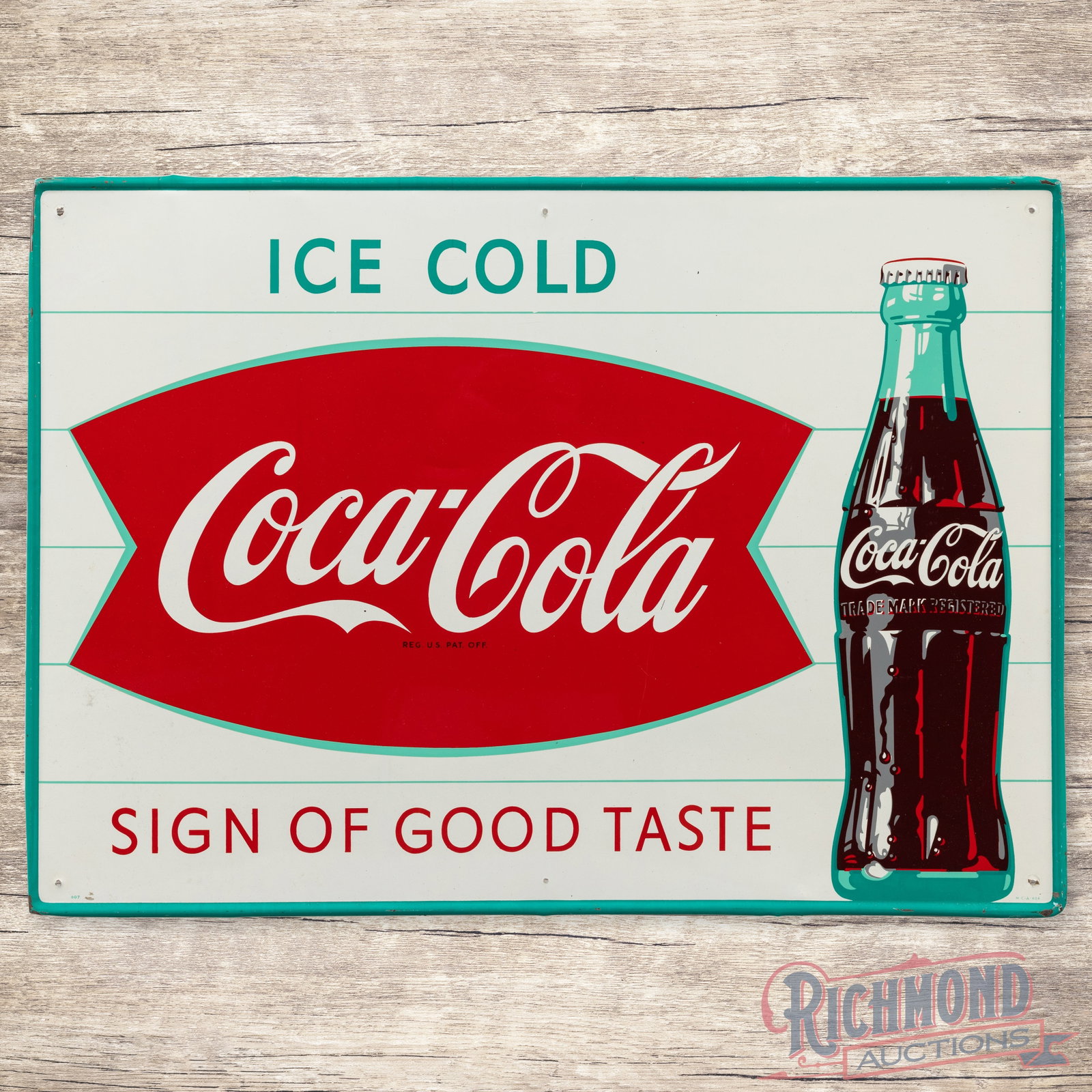 Ice Cold Coca Cola Sign of Good Taste Single Sided Tin Sign w/ Bottle: SST (single sided tin) self-framed Coke sign has excellent color and shine. The display has light wear with a fine scratch in the "A" of Coca. The perimeter has paint chips with small bends along the 