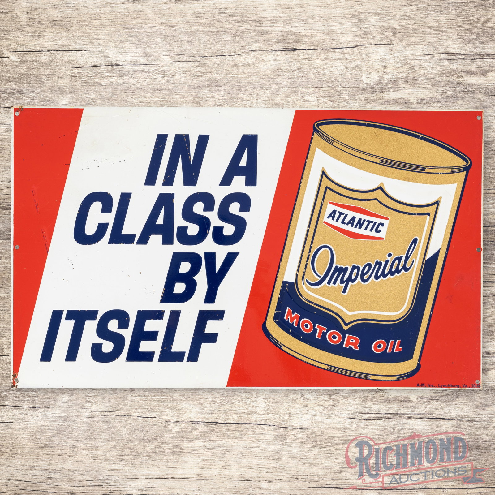 1966 Atlantic Imperial Motor Oil "In a Class by Itself" Single Sided Tin Sign w/ Quart Can: SST (single sided tin) sign has excellent color and shine. The field has tiny errant paint drips and scratches in the left fields. The perimeter has small paint chips along the left hand edge. Marked 