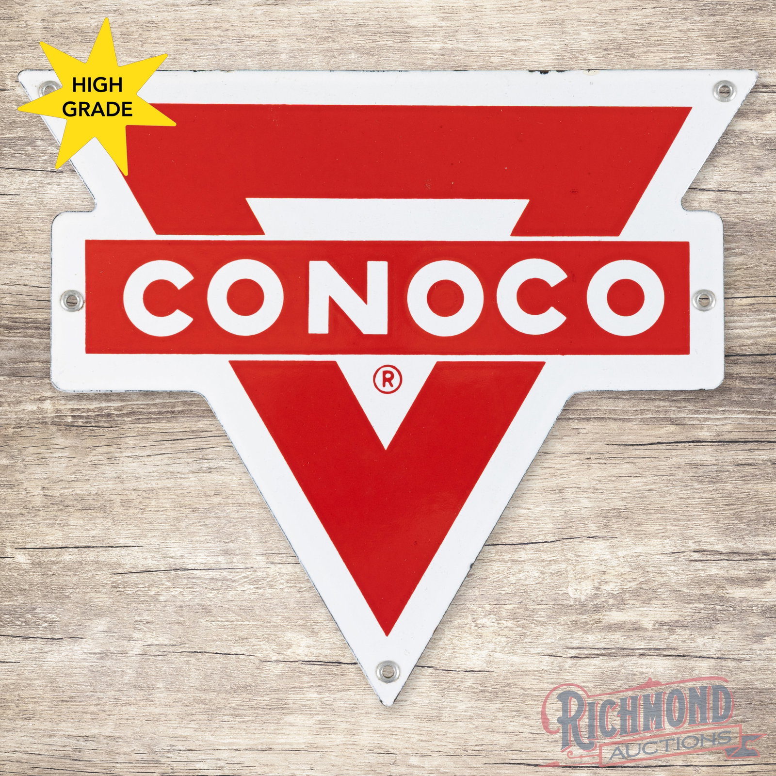 Conoco Motor Oils Die Cut Single Sided Porcelain Sign: SSP (single sided porcelain) die cut sign has excellent color and gloss. The field is clean. The perimeter has a tiny chips along the outer edges. All five factory grommets are present. 7.5" H X 8.75"