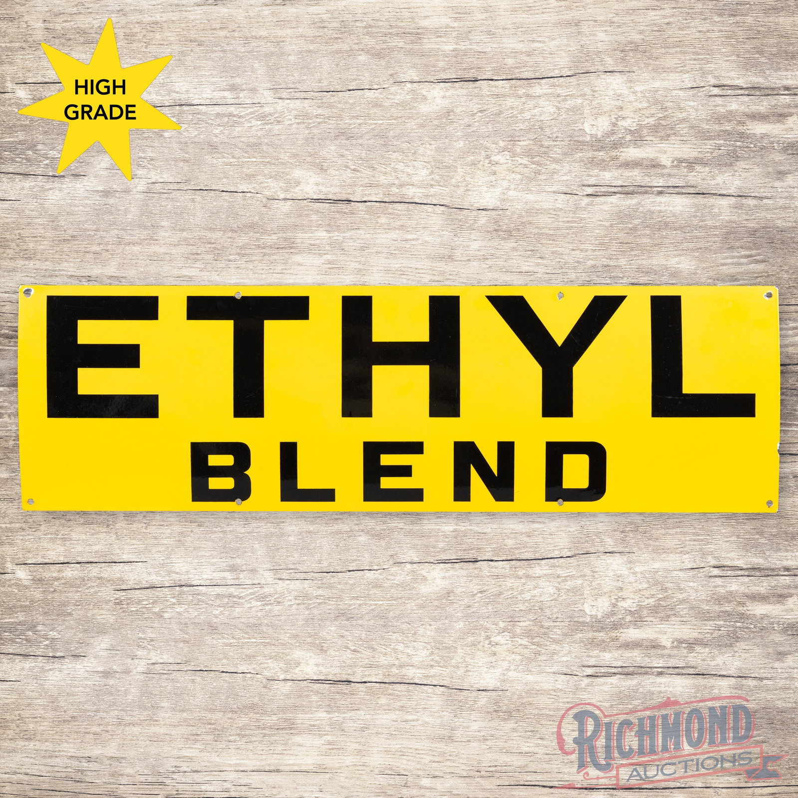 Ethyl Gasoline Blend 40" Single Sided Porcelain Sign: SSP (single sided porcelain) sign has excellent color and gloss. The fields are clean. The perimeter has small chips at some of the mounting holes and outer edges. Overall a clean example. 12" H X 40"