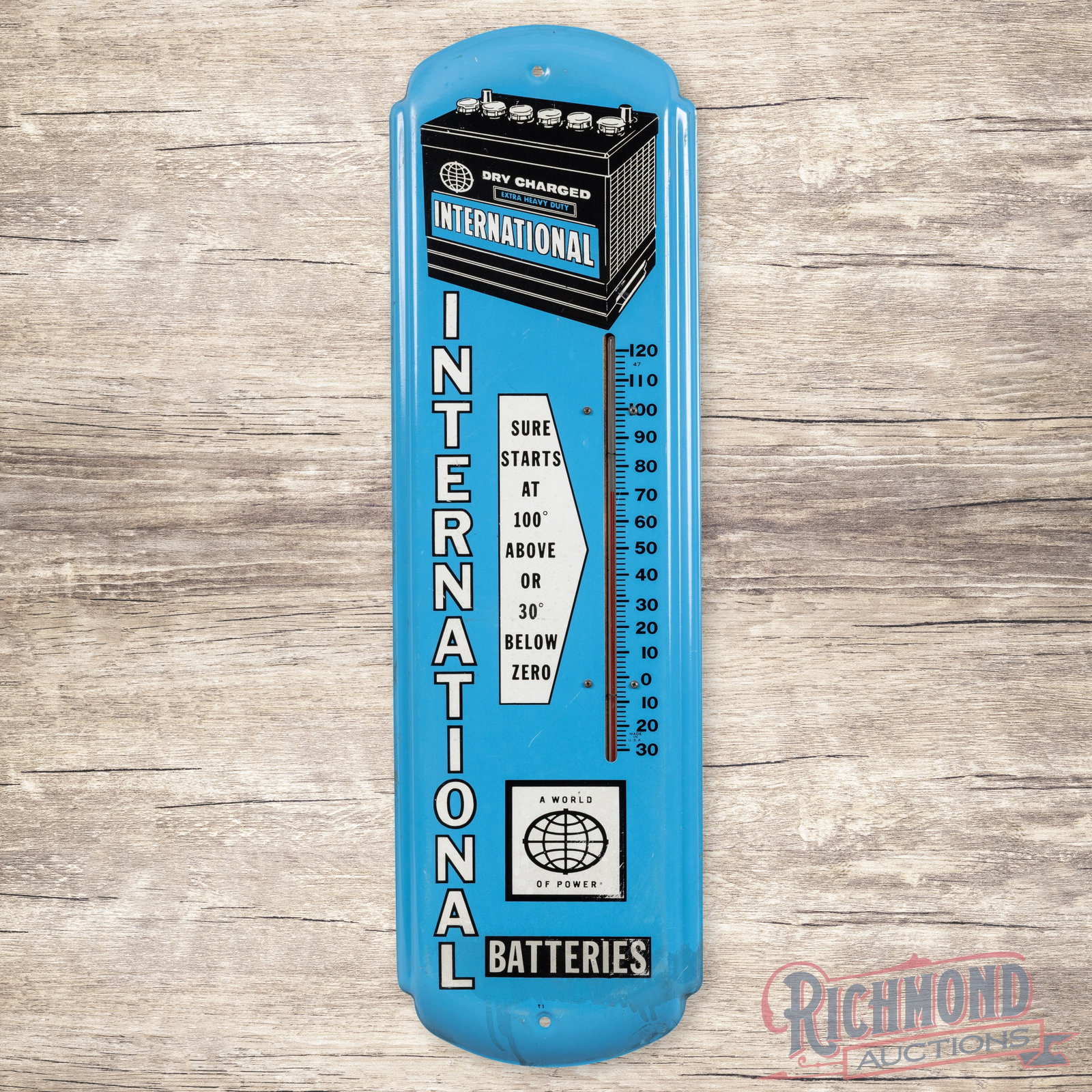 International Batteries "A World of Power" Single Sided Tin Thermometer (1 of 3)