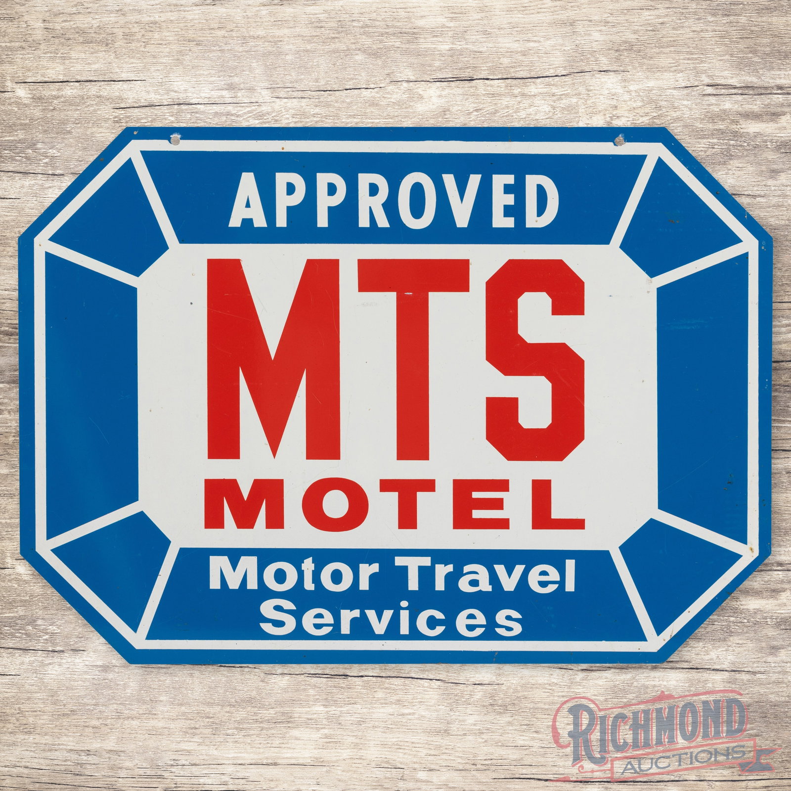 MTS Motel Approved Motor Travel Services Double Sided Tin Sign: DST (double sided tin) sign has excellent color and shine. Side #1 has light wear with a small paint chip in the field. The perimeter has faint paper marks along the right hand edge. The reverse has s