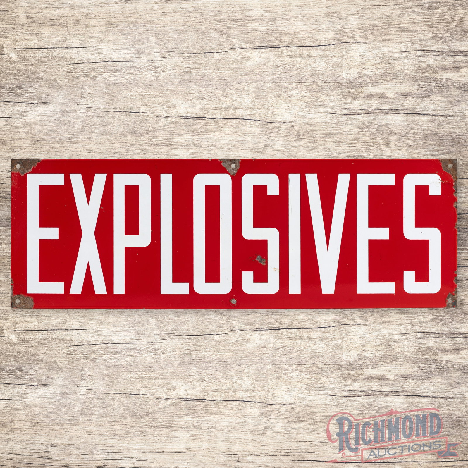 Explosives 30" Single Sided Porcelain Sign: SSP (single sided porcelain) sign has excellent color rand gloss. The display has a chip with marks, tiny imperfections and a flea bite in the left field. The perimeter has chips at five of the mounti