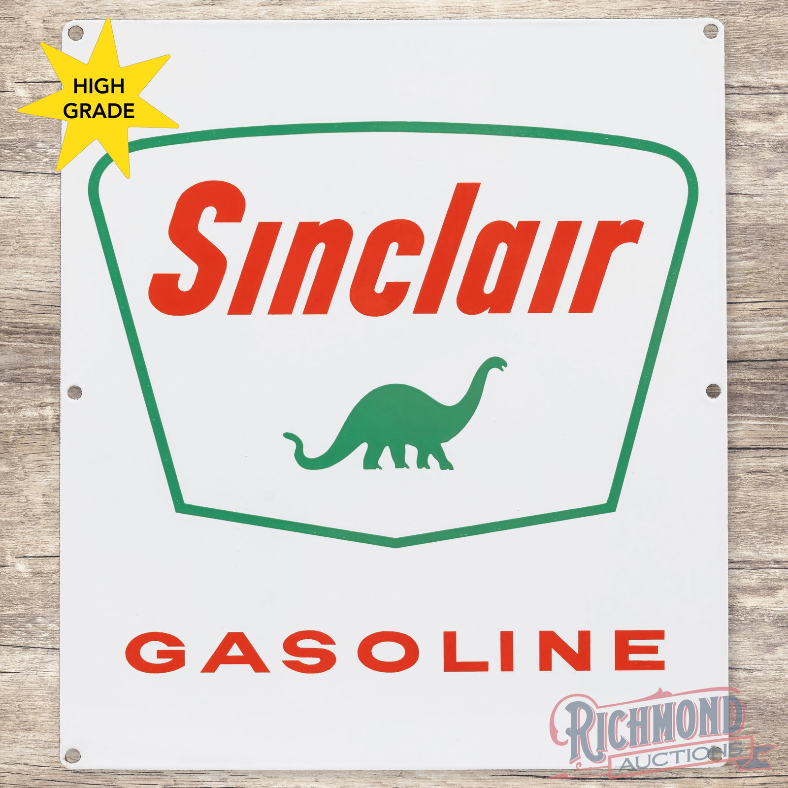 1961 Sinclair Gasoline Single Sided Porcelain Pump Plate Sign w/ Dino: Outstanding SSP (single sided porcelain) pump plate has day one color and gloss. The field and perimeter are exceptionally clean. Marked SPS - 61. 13.5" H X 12" W. Condition: 9.75 All items are guaran