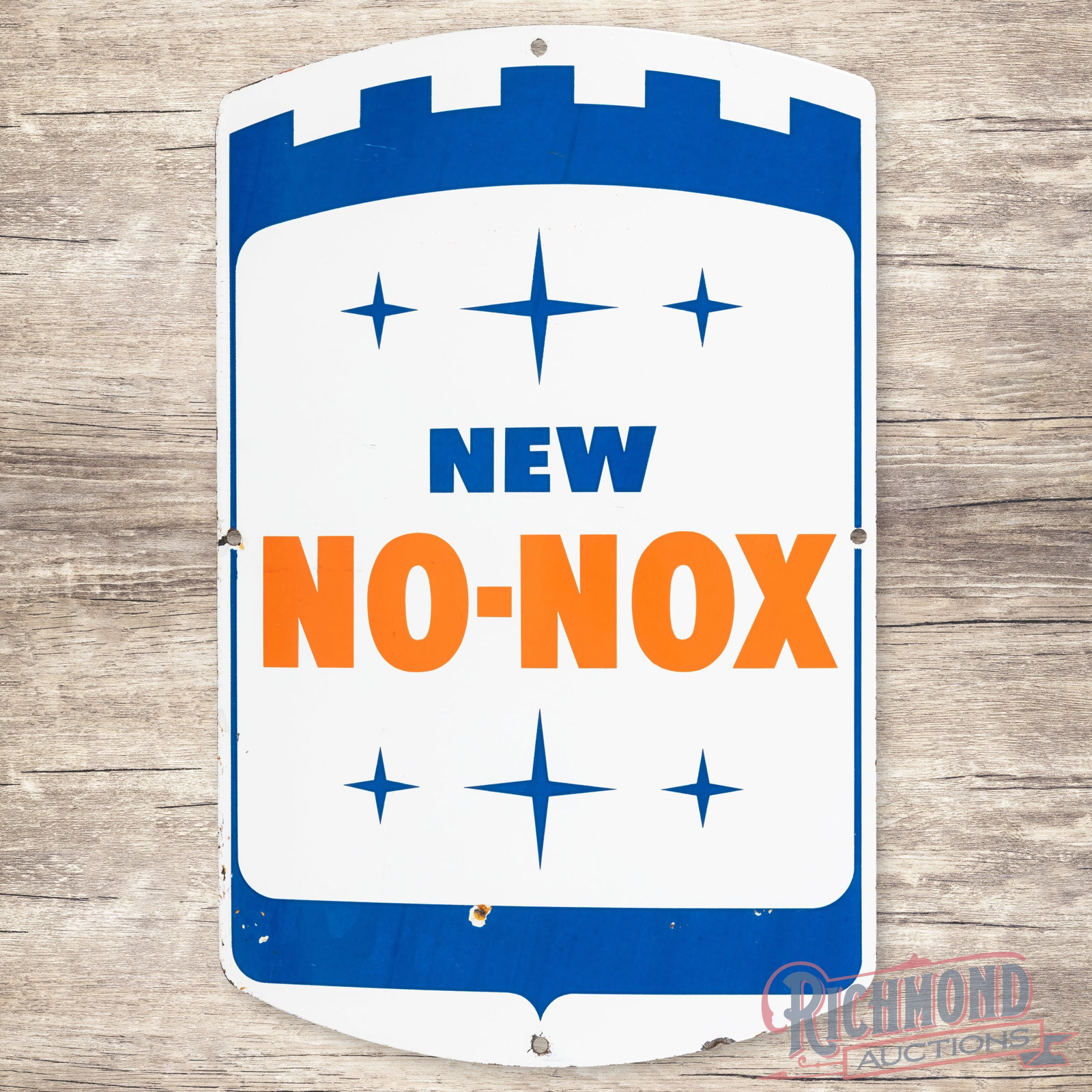 Gulf No-Nox Gasoline Single Sided Porcelain Pump Plate Sign: SSP (single sided porcelain) pump plate has excellent color and gloss. The field has light wear with small chips in the lower outer fields. The perimeter has light edge wear with a small bend and chip