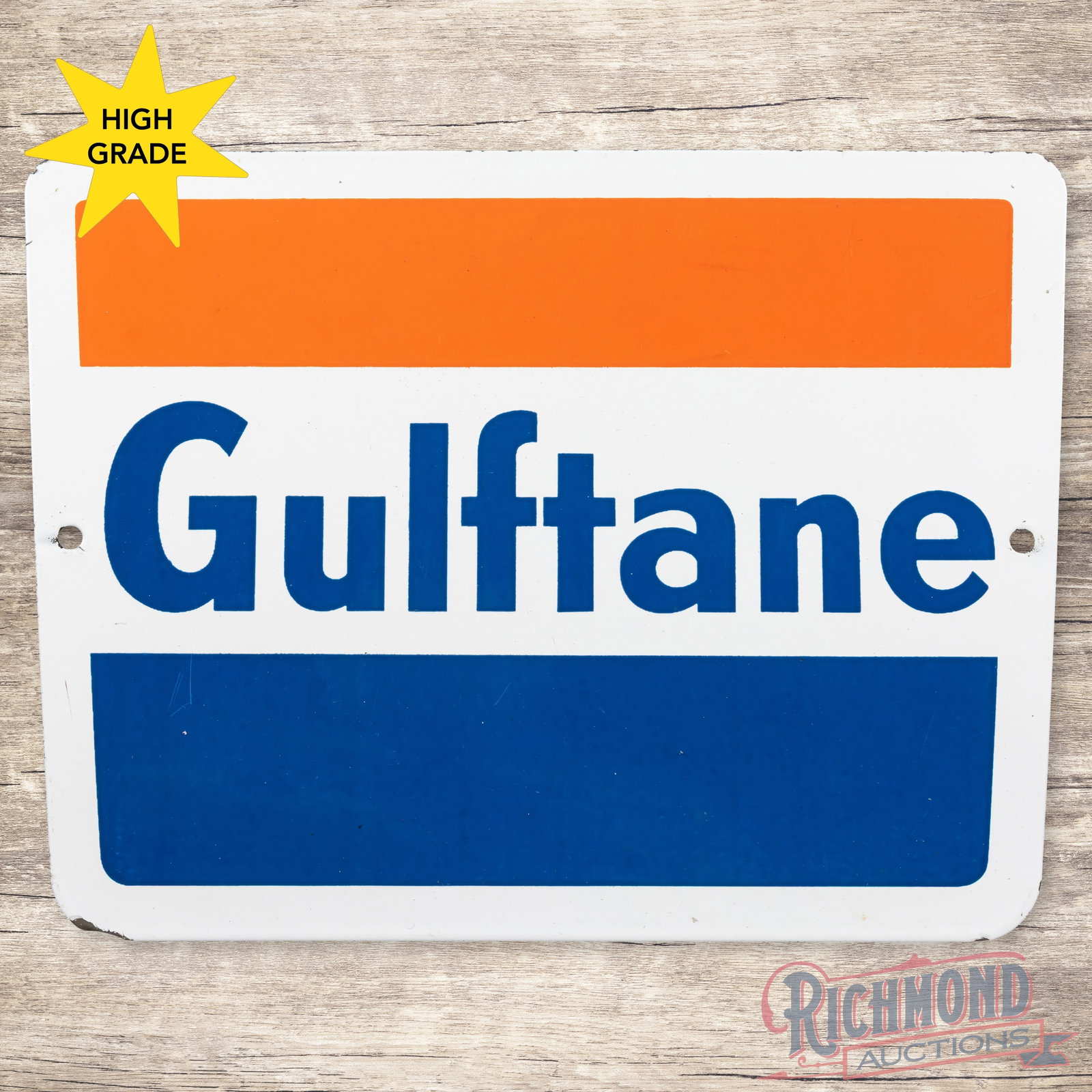 Gulftane Gasoline Single Sided Porcelain Gas Pump Plate Sign: SSP (single sided porcelain) sign has excellent color and gloss. The field has light surface wear present. The perimeter has tiny edge chips with a minor bend with chip on the lower left corner. It di