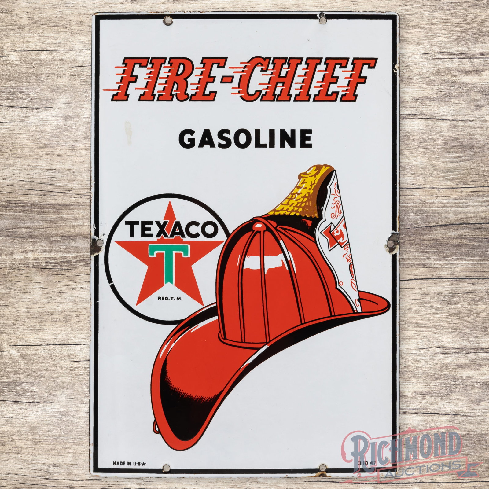 1947 Texaco Fire Chief Gasoline Single Sided Porcelain Pump Plate Sign: SSP (single sided porcelain) sign has very good color and gloss. The field has slight fading to the red porcelain enamel with an area of discoloration below the "F" in Fire. The perimeter has chips at