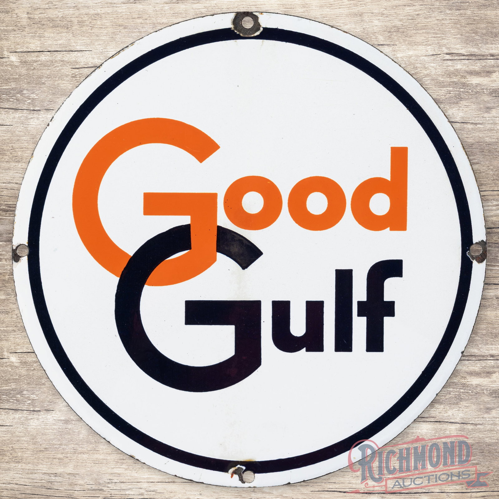 Good Gulf Gasoline Single Sided Porcelain Pump Plate Sign: SSP (single sided porcelain) sign has very good color and gloss. The field has light wear with areas of slight discoloration. The perimeter has chips at the mounting holes with minor edge wear. 10.5" 