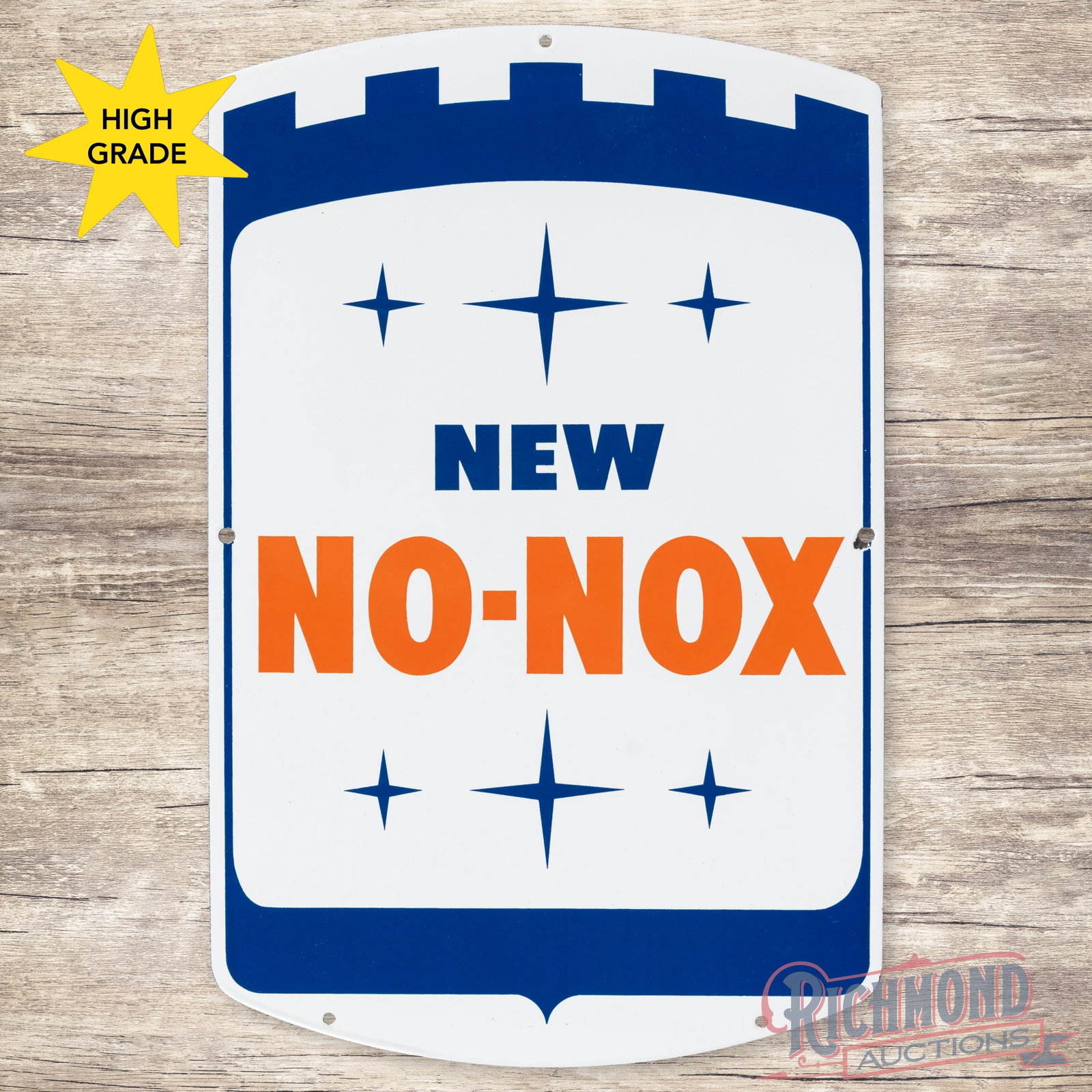 Gulf New No-Nox Gasoline Single Sided Porcelain Gas Pump Plate Sign: SSP (single sided porcelain) sign has excellent color and gloss. The field is clean. The perimeter has a tin chip at the right hand mounting hole. Overall an outstanding example. 17.5" H X 11.25" W. C