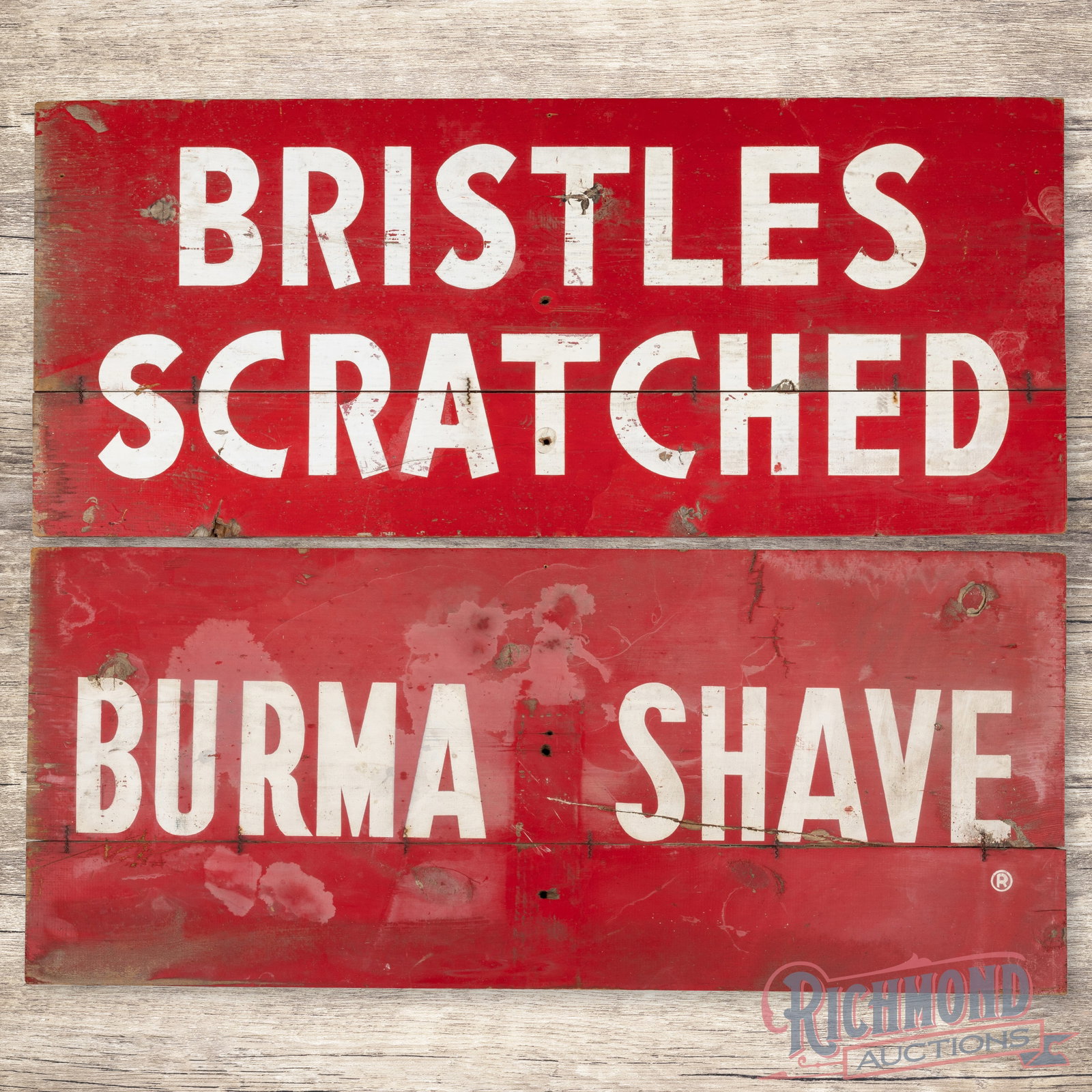 Two Burma Shave Perfect Bristles Scratched DS Wooden Advertising Signs: Group of two double sided Burma Shave signs have good color and shine. The signs display well with paint chips, fine scratches and general age wear. 17.25" H X 40" W. Condition: 7.5 All items are guar