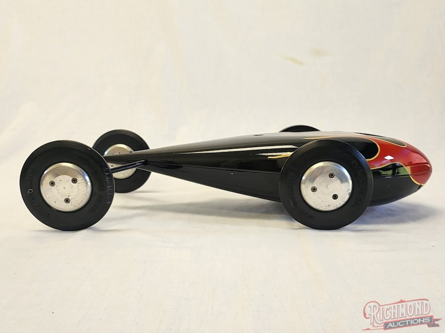 1946-1952 McCoy Racing Car Tether Car: The first car designed by Dick McCoy and produced by the Duro-Matic Corporation was the McCoy Racing Car and commonly known as the Teardrop. This example is powered by a Hornet .60 engine with a Reg P