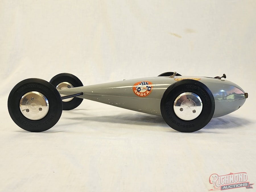 1946-1952 McCoy Racing Car Tether Car: The first car designed by Dick McCoy and produced by the Duro-Matic Corporation was the McCoy Racing Car and commonly known as the Teardrop. This example is powered by a Super Cyke .60 with a Reg