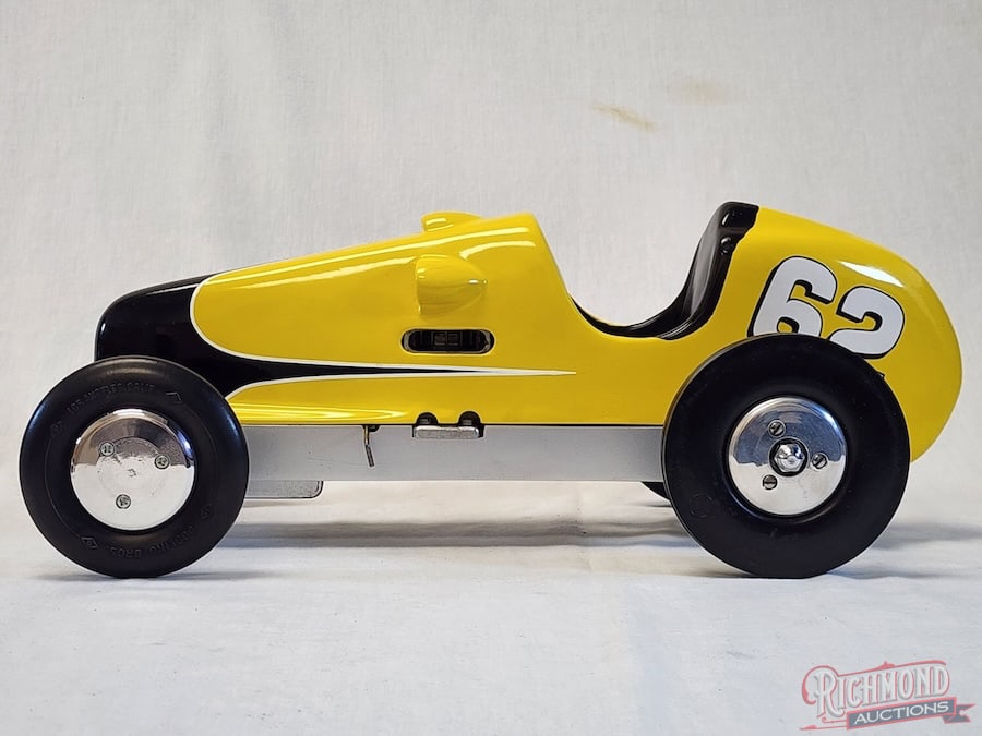 80s Home Built Tether Car: This post-war 80's home built tether car by Rodger Garcia has a custom wood top with an aluminum billet pan. Powered by a McCoy .60 glow engine. Nice wheels, tires and paint with scallops. All items a