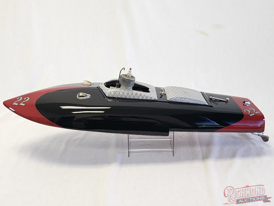 1947 Reuhl Hydroplane Tether Boat: This Hydroplane Tether boat was produced by Reuhl Products of Madison, Wisconsin in 1947. These hydroplane boats were produced out of Bektlite, a phenolic resin product, used in its characteristic