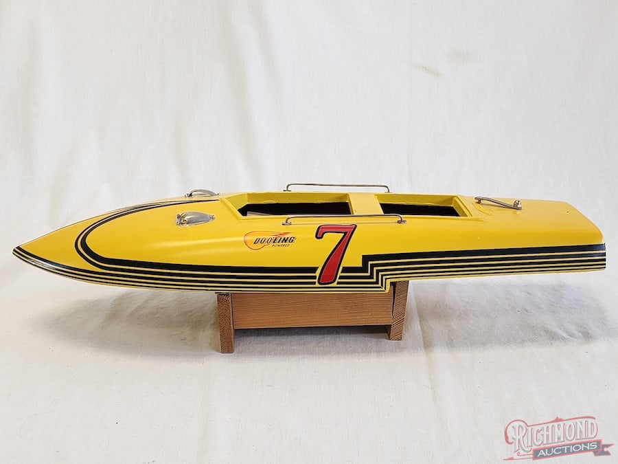 1947 Reuhl Hydroplane Tether Boat: This Hydroplane Tether boat was produced by Reuhl Products of Madison, Wisconsin in 1947. These hydroplane boats were produced out of Bektlite, a phenolic resin product, used in its characteristic