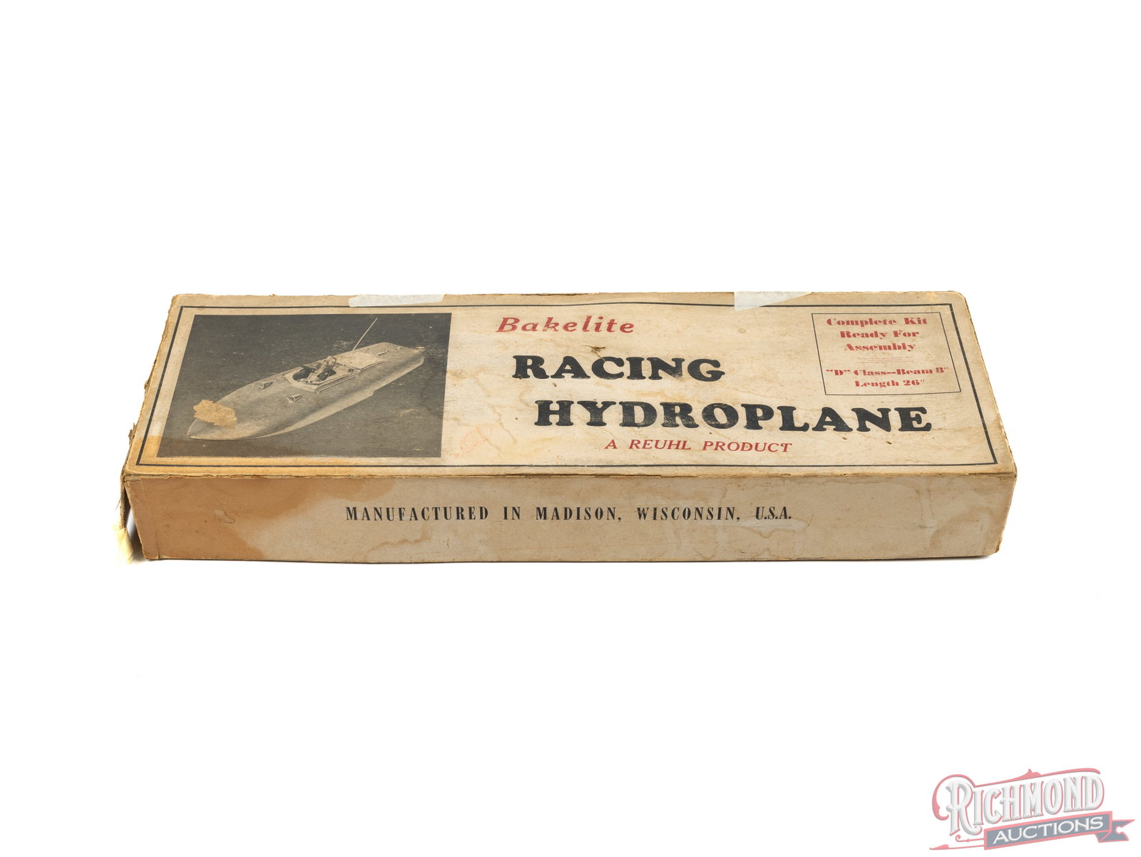 Reuhl Products "D" Class Bakelite Racing Hydroplane Tether Boat Empty Box: Original empty two piece box. Top seam of lid has separated with areas of tape applied. Color is marked "Black" on box end. All items are guaranteed authentic by Richmond Auctions unless otherwise not