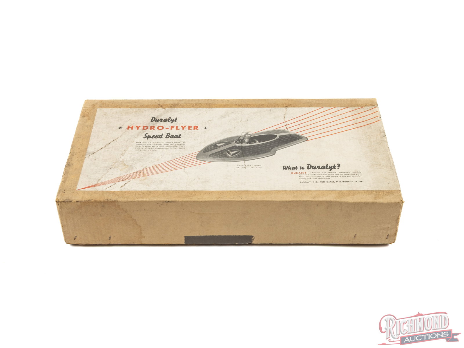 Duralyt Inc Hydro-Flyer Speed Boat Tether Boat Empty Box w/ Instructions: Original empty two piece box. For A, B, and C motors. Includes assembly instructions for Model HF-2. All items are guaranteed authentic by Richmond Auctions unless otherwise noted. Purchases are eligi