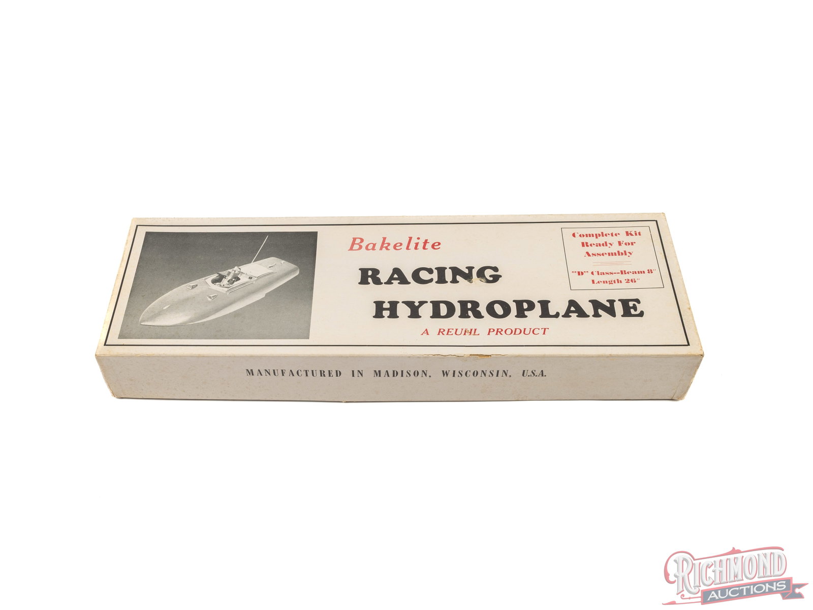 Reuhl Products "D" Class Bakelite Racing Hydroplane Tether Boat Empty Box: Original empty two piece box. Box is in good condition with small through puncture on top and on right end. All items are guaranteed authentic by Richmond Auctions unless otherwise noted. Purchases