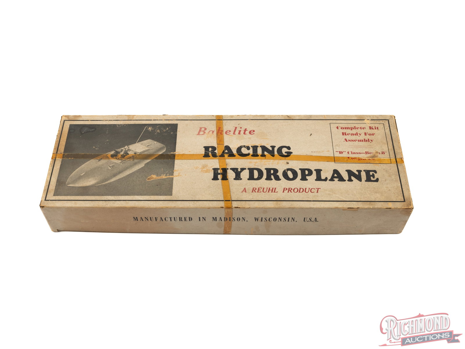 Reuhl Products "D" Class Bakelite Racing Hydroplane Tether Boat Empty Box: Original empty two piece box. Color is marked "Maroon" and Style marked "Improved" on end. Box has tape as pictured across lid with some separation in one corner. All items are guaranteed authentic by