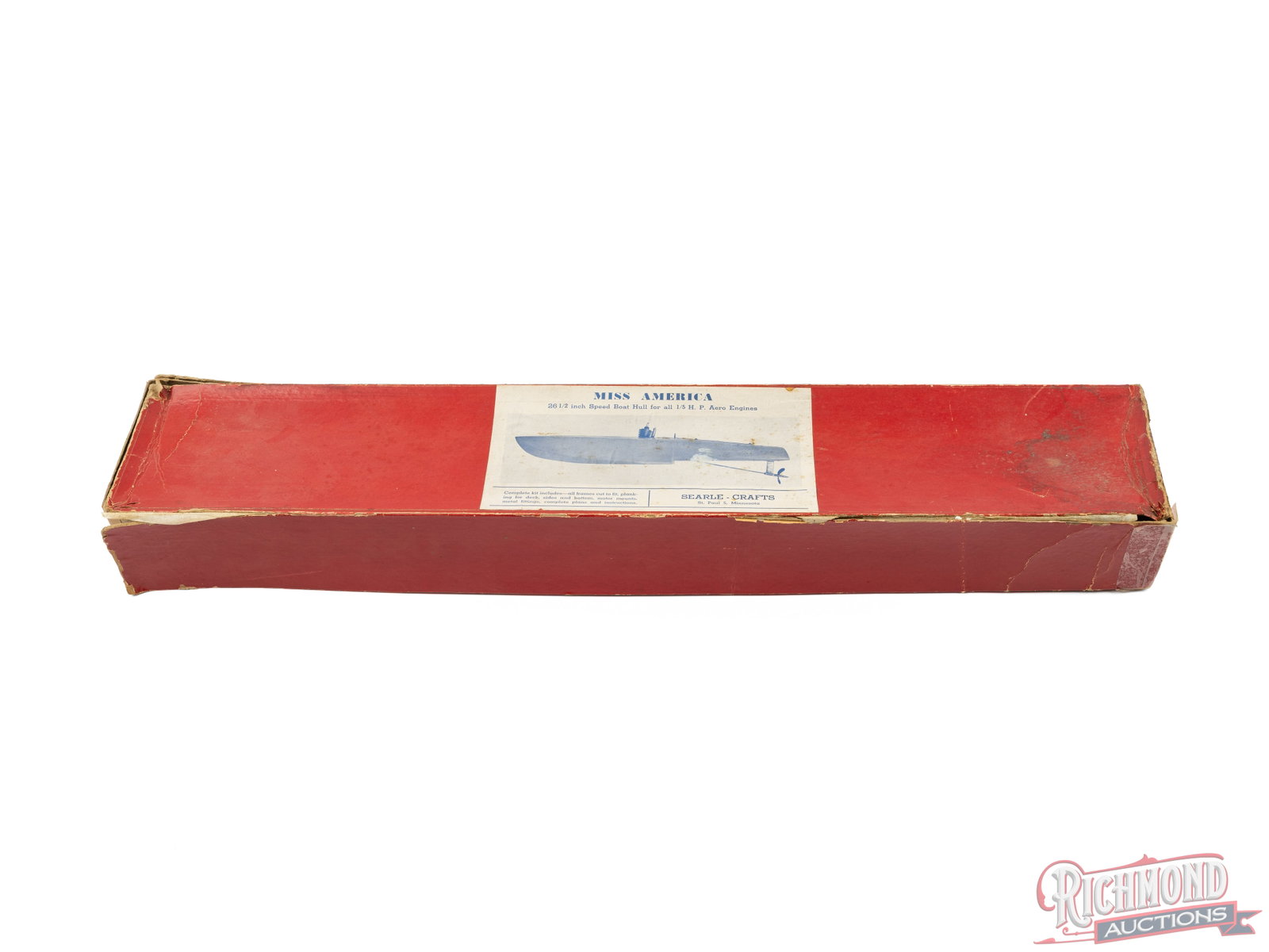 Searle Crafts Miss American 26.5" Speed Boat Hull Tether Box Empty Box w/ Diagram: Original empty two piece box. Includes boat diagram. Box lid has separation, tape and is missing one end. Box edge has separation. All items are guaranteed authentic by Richmond Auctions unless otherw