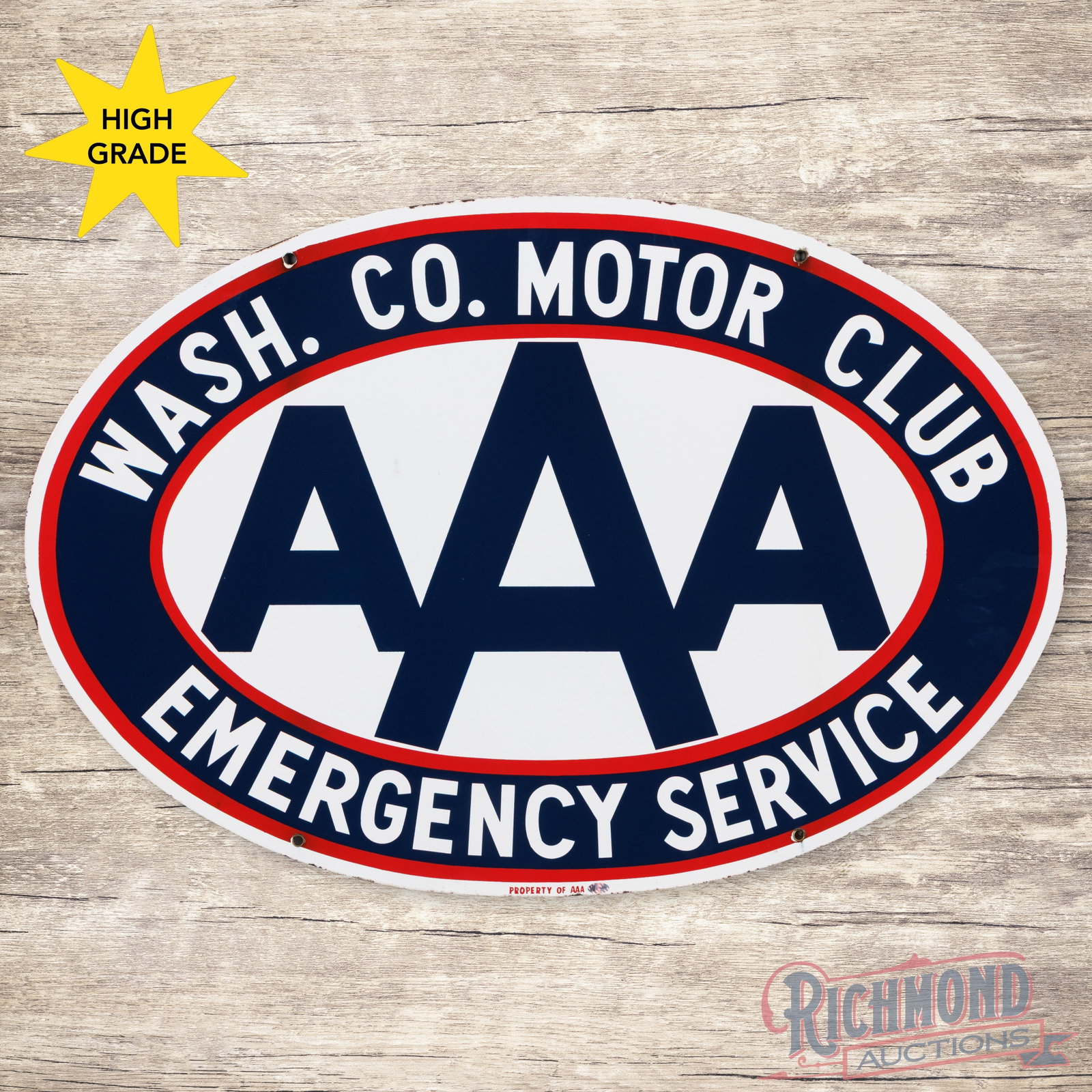 Triple A AAA Wash. Co. Motor Club Emergency Service 36" Double Sided Porcelain Sign: DSP (double sided porcelain) sign has excellent color and gloss. The display has a clean field with minor perimeter chips. The reverse has tiny flea bites in the field with a minor chip in the lower l