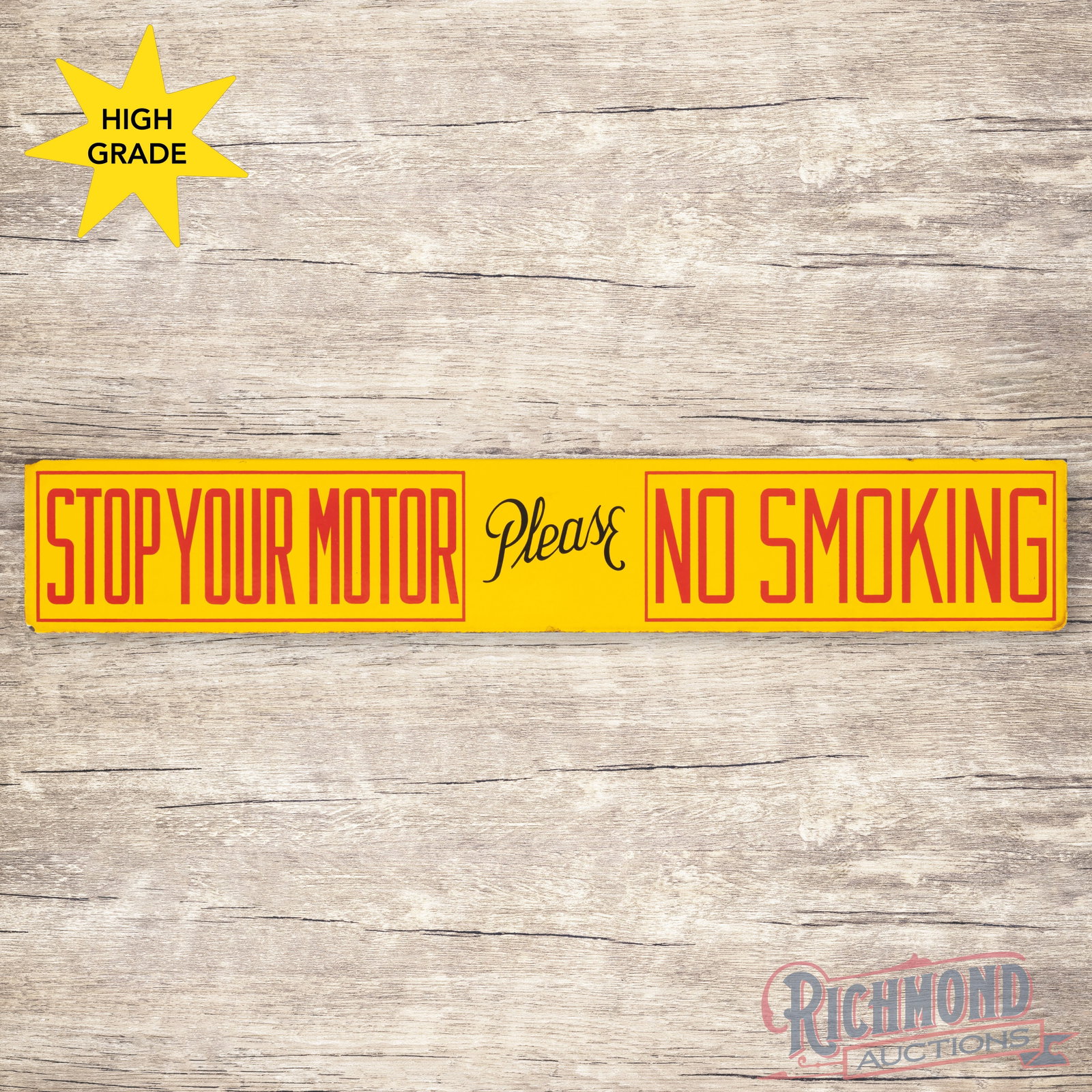Shell Stop Your Motor Please No Smoking 36" Double Sided Porcelain Sign: DSP (double sided porcelain) sign with a rolled upper edge flange has excellent color and gloss. The display has a clean field with minor edge wear and chips at the upper left and right hand mounting 