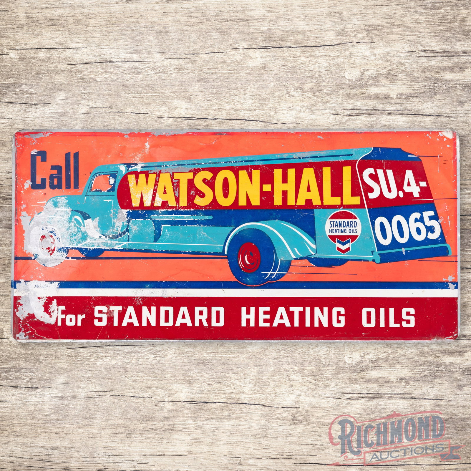 Rare Call Watson Hall Standard Heating Oils Single Sided Tin Sign w/ Truck: SST (single sided tin) sign has good color and shine. The sign features unique colors with a large heating oil delivery truck graphic. The display has surface wear with areas of paint loss and discolo