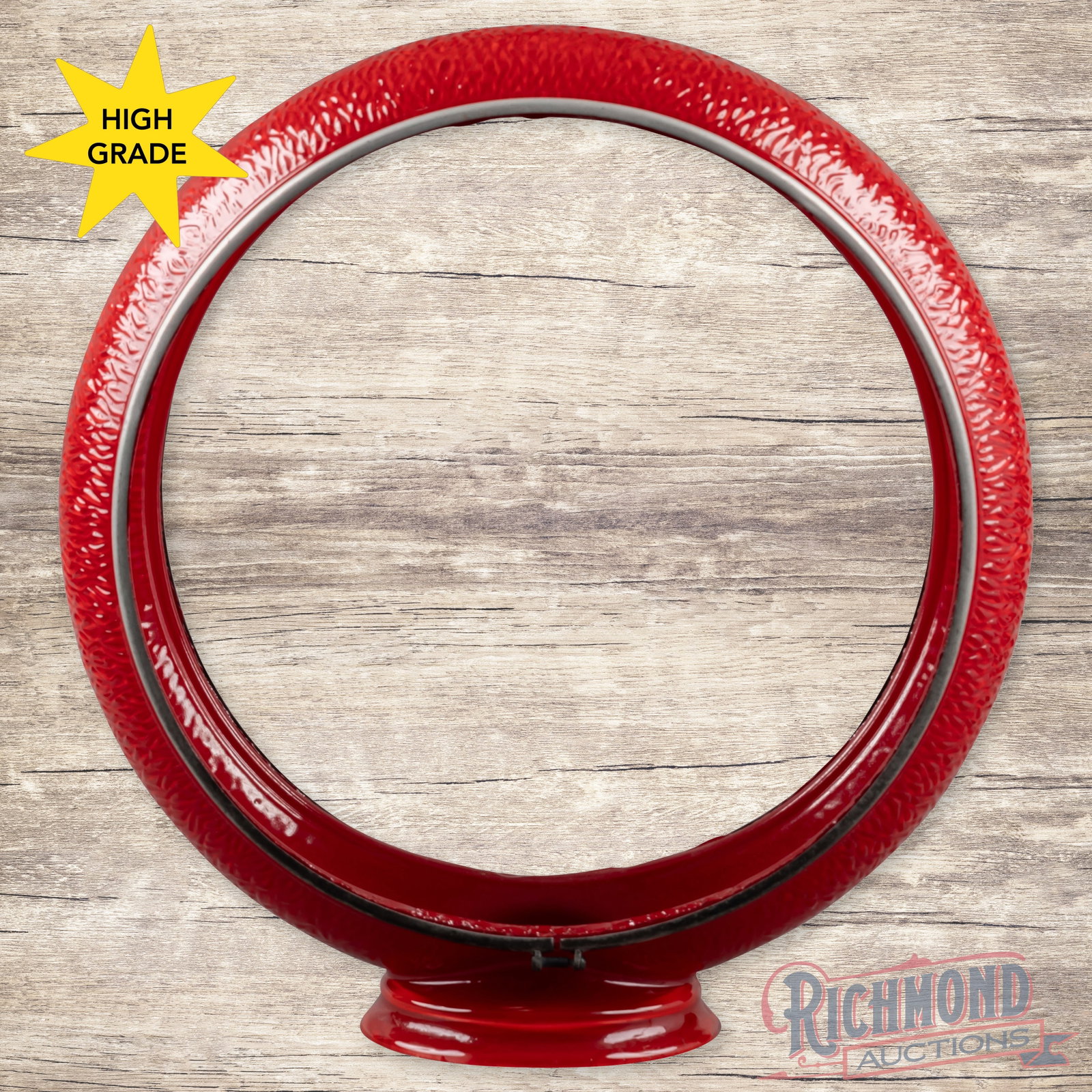 Original Gill Red Ripple Gas Pump Globe Body: Original Gill red ripple body. It shows light wear throughout with no breaks or cracks. It has one small flaw on the top which could have been a bubble or it is a small flake. One of the retainer ring