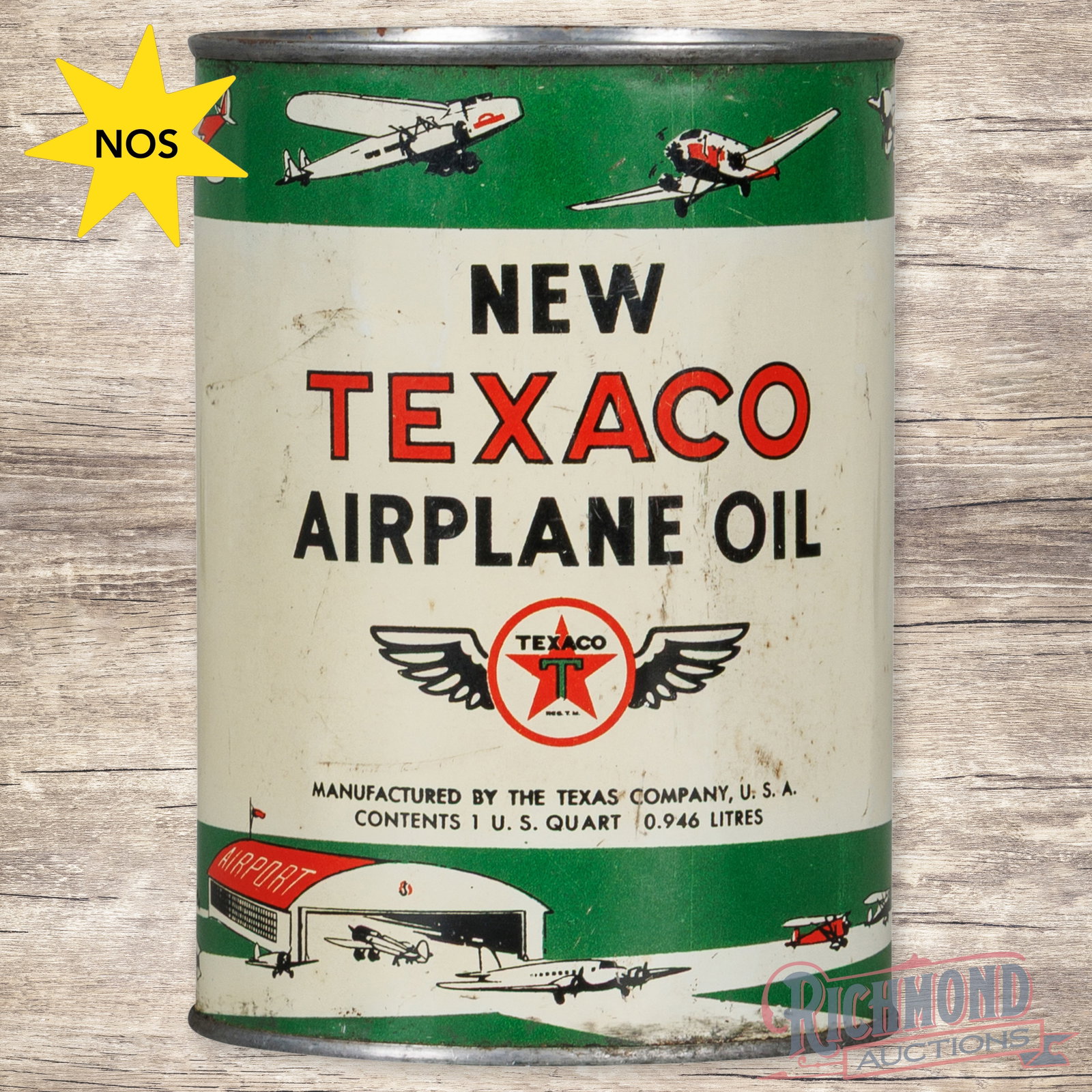 NOS New Texaco Airplane Oil Metal Quart Can FULL: NOS (new old stock) full metal one quart can has very good color and shine. The display has light wear with horizontal indentations and scuffs. The sides and reverse have larger indentations with fine