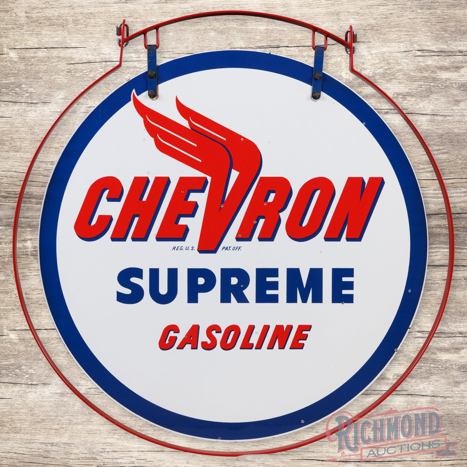Chevron Supreme Gasoline 33.5" Double Sided Porcelain Sign w/ Ring: DSP (double sided porcelain) sign with a metal hanging ring has very good color and gloss. Side #1 has light wear with small chips in the fields and the perimeter. The reverse is in a similar conditio