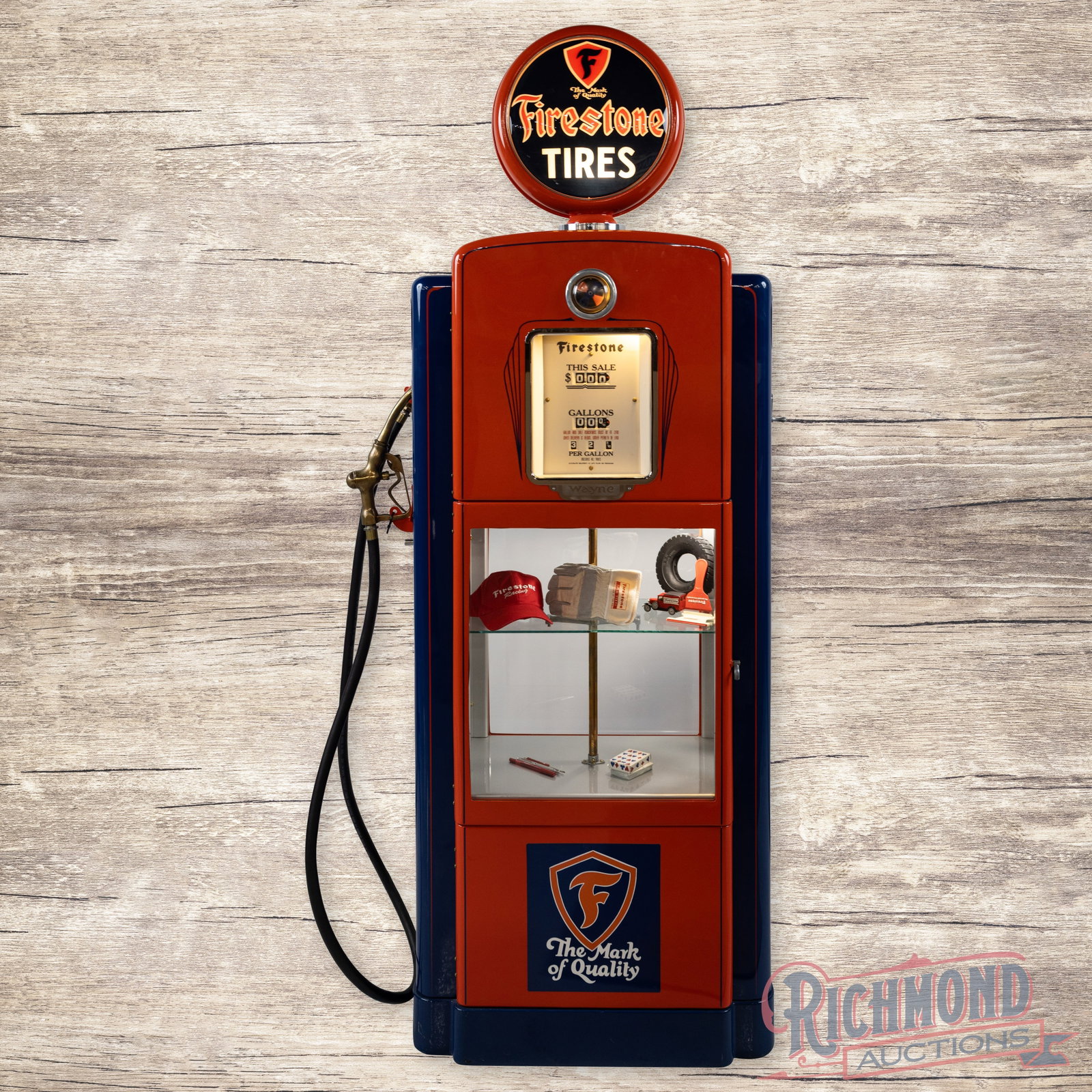 Amazing Wayne Model #71 Showcase Gas Pump Firestone Tires Professionally Restored: Outstanding Wayne Model #71 showcase gas pump has been professionally restored. The pump features vibrant orange and blue paint with high gloss, custom pinstriping and minor surface imperfections. The