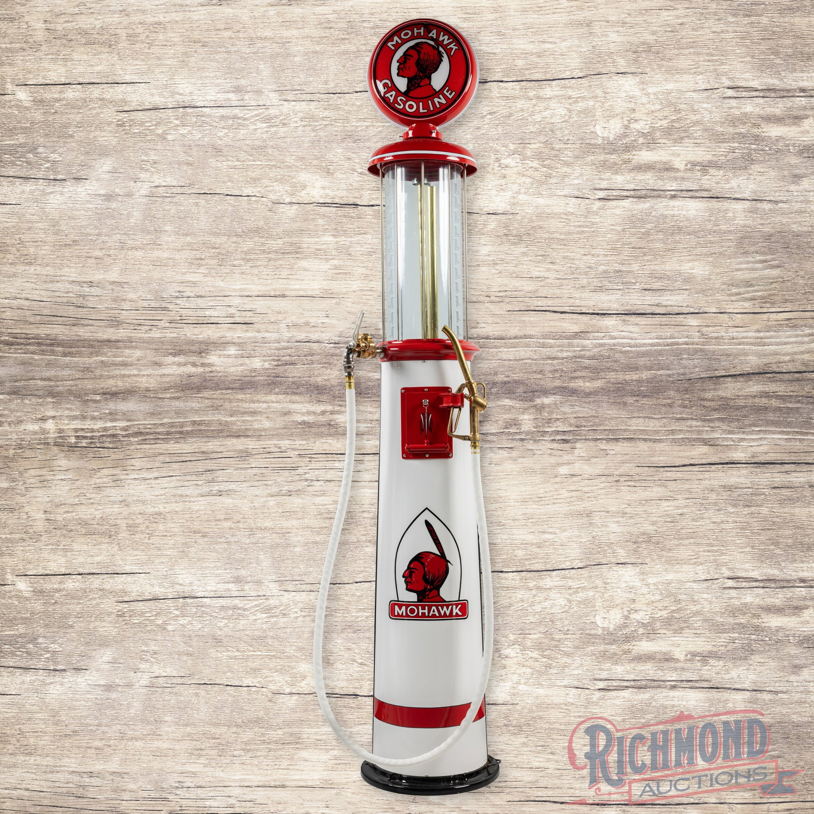 Viso Boyle Dayton Ten Gallon Visible Gas Pump Professionally Restored Mohawk Gasoline: Viso Boyle Dayton ten-gallon visible gas pump has been professionally restored. The pump features brilliant white and red paint with high gloss. It includes custom pinstriping and a painted Mohawk gra