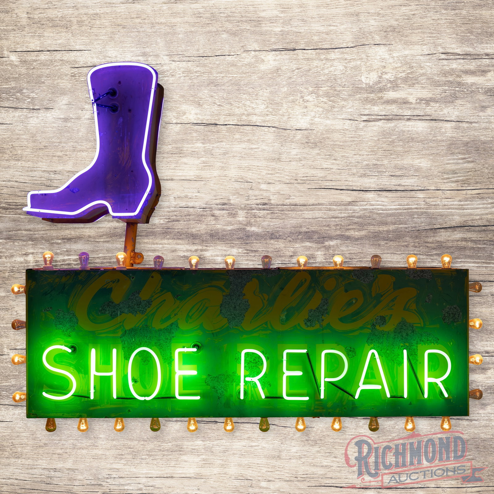 Charlie's Shoe Repair Double Sided Tin Factory Neon Sign w/ Die Cut Boot & Bulbs Mitchell SD (1 of 5)