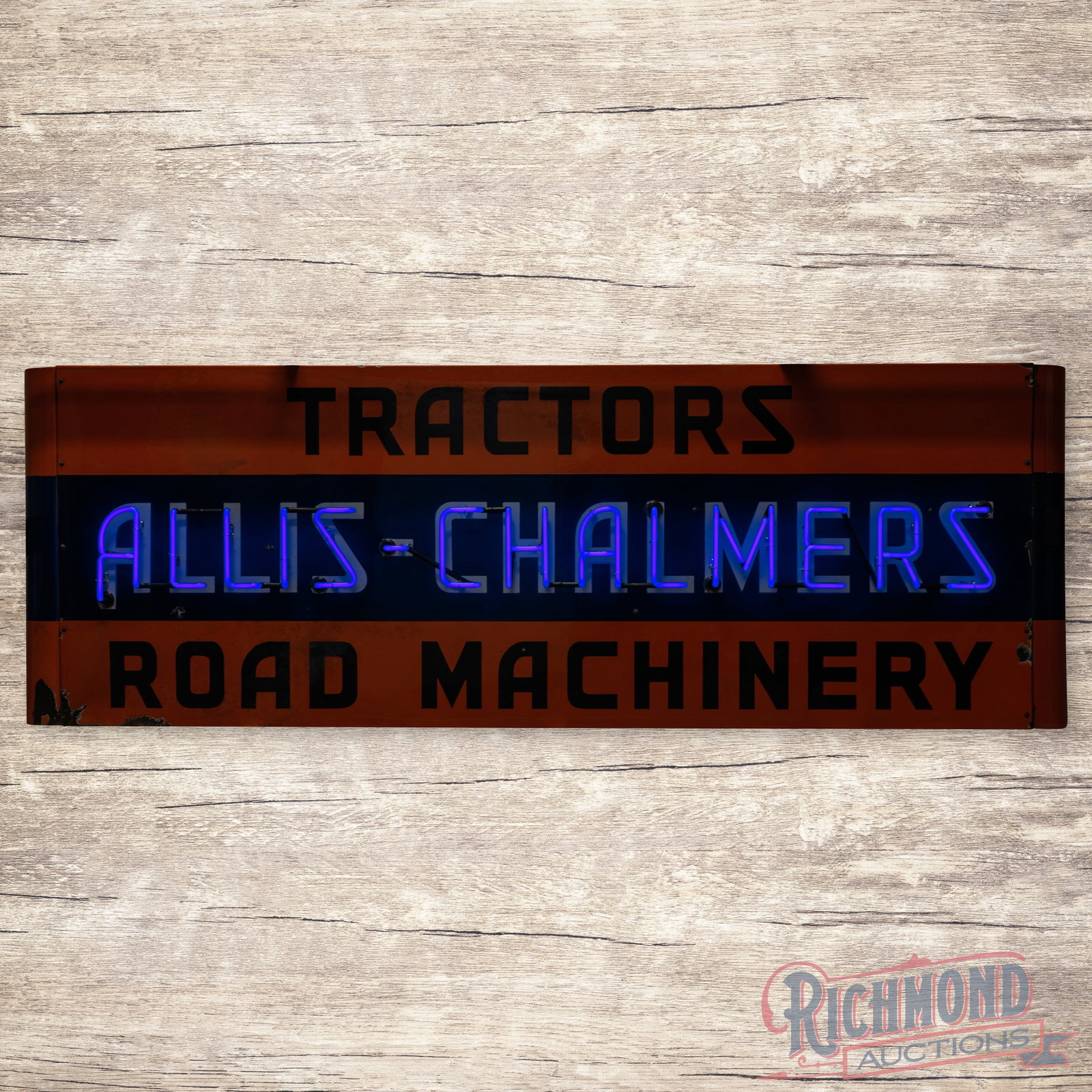 Rare Allis Chalmers Tractors Road Machinery 8' Factory Single Sided Porcelain Neon Sign: SSP (single sided porcelain) factory neon sign with the original metal can and bullnoses has good color and gloss. The fields have areas of discoloration with tiny chips in the lettering and cloudines