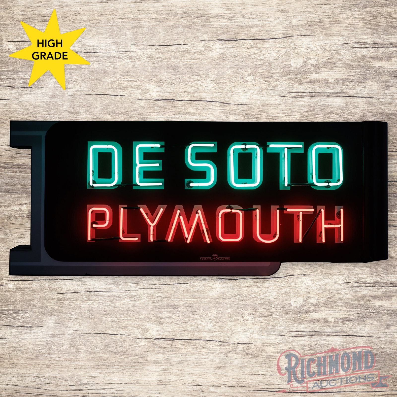 DeSoto Plymouth 6' Double Sided Porcelain Factory Neon Sign: DSP (double sided porcelain) die cut factory neon sign with the original metal can has outstanding color and gloss. Side #1 has a clean field with a few tiny chips along the bottom edges. The reverse 