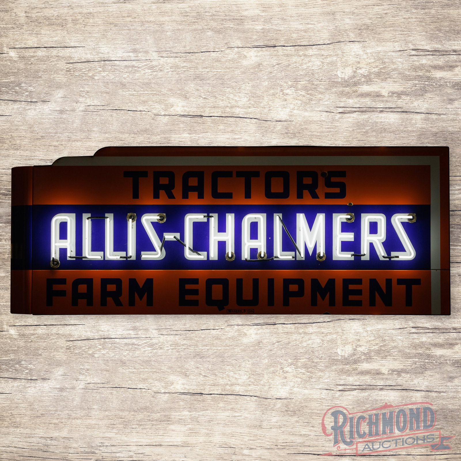 Allis Chalmers Tractors Farm Equipment 8' Double Sided Porcelain Factory Neon Sign: DSP (double sided porcelain) factory neon sign with the original metal can has excellent color and gloss. The display has two chips in the upper right field with unused stand supports in the lettering